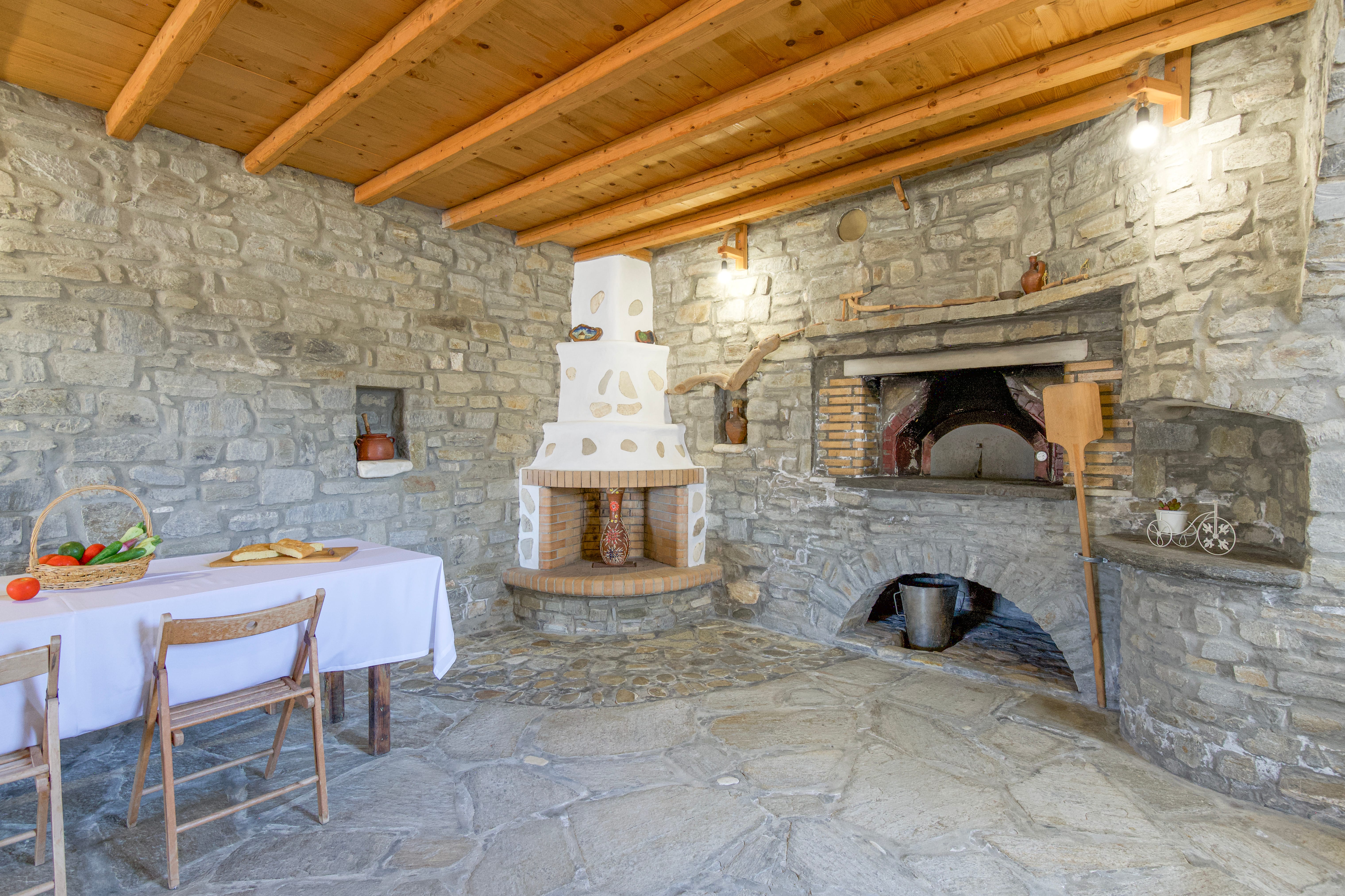 a stone fireplace in a room