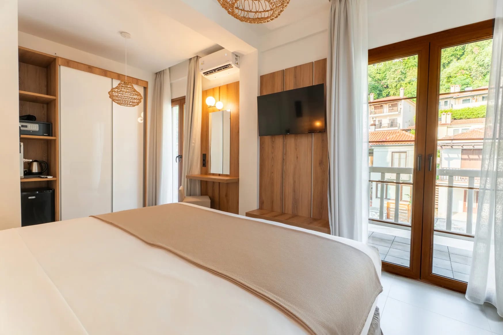 a bedroom with a bed and a closet