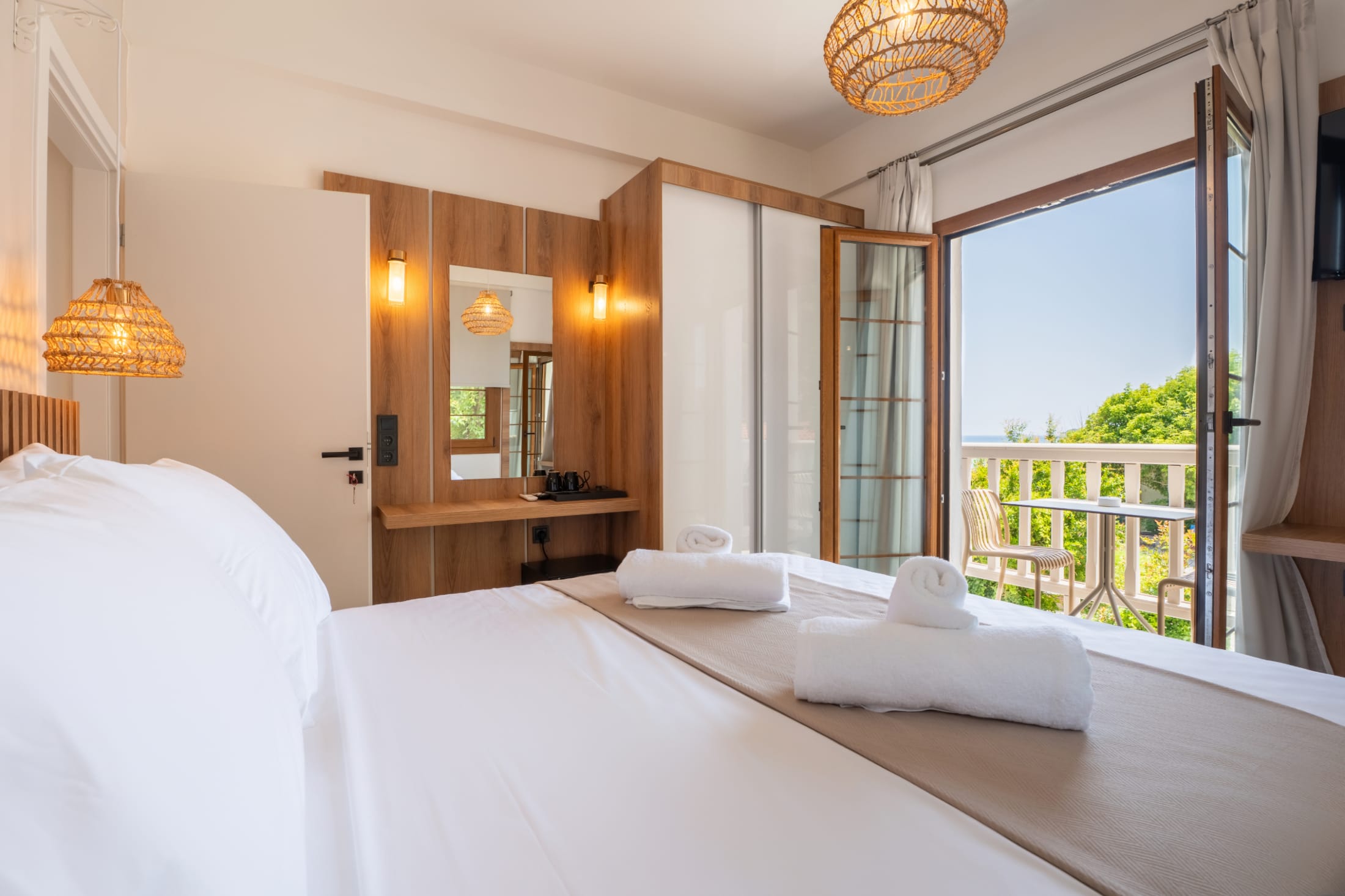 a hotel room with a large bed