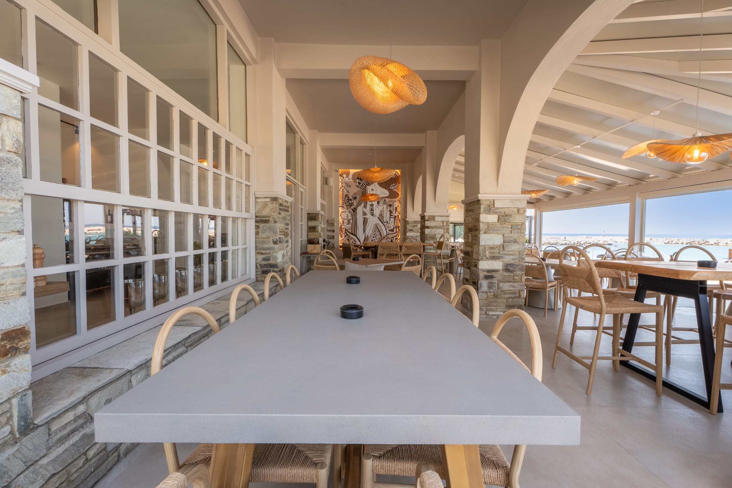 a room with tables and chairs