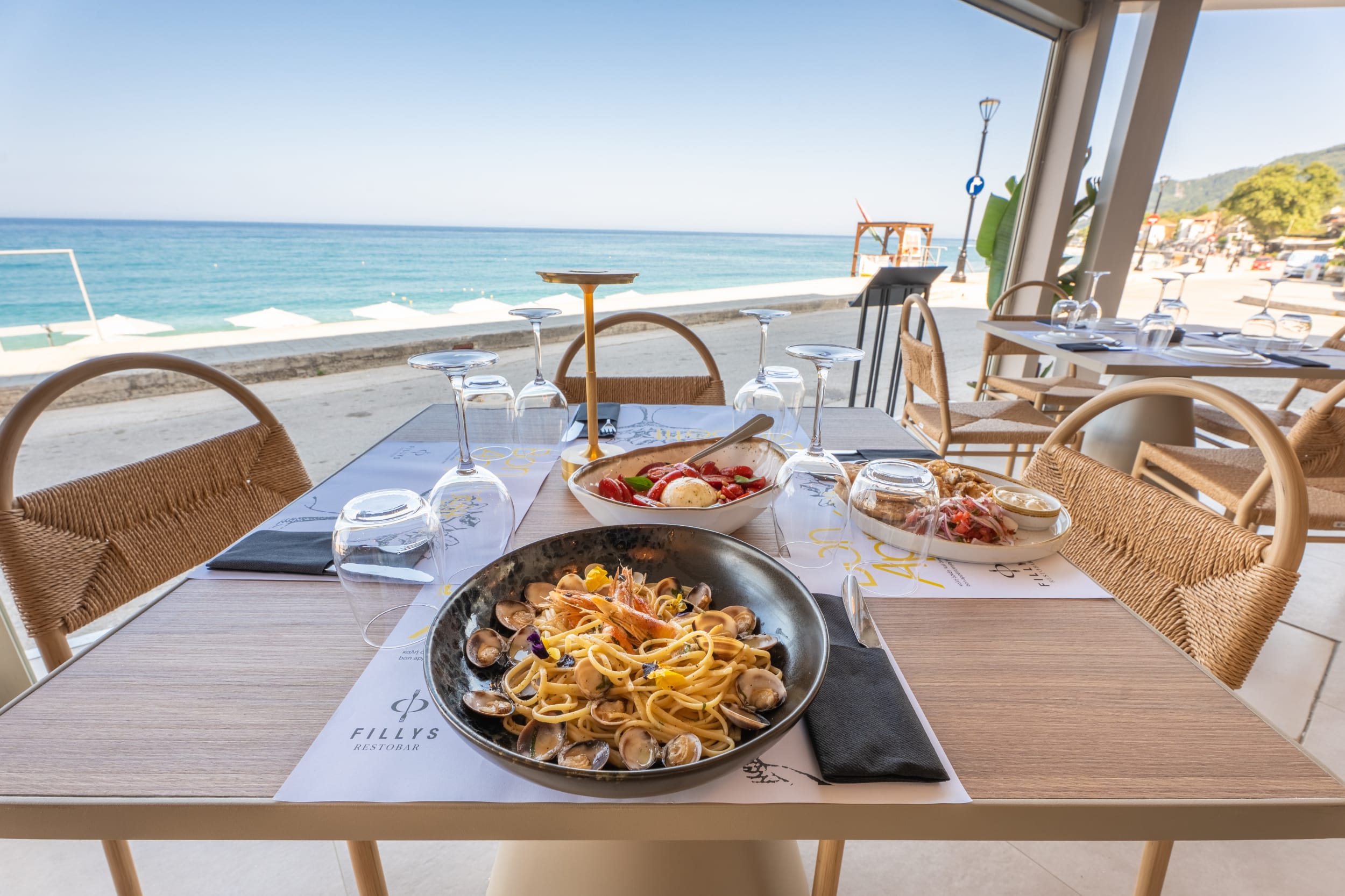 a table with food on it on a boat