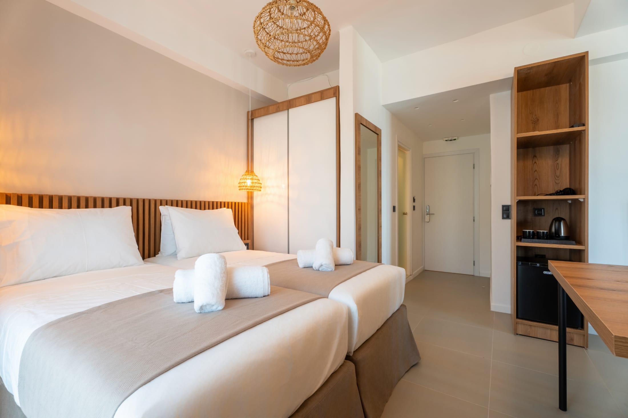 a bedroom with a bed and a bookcase
