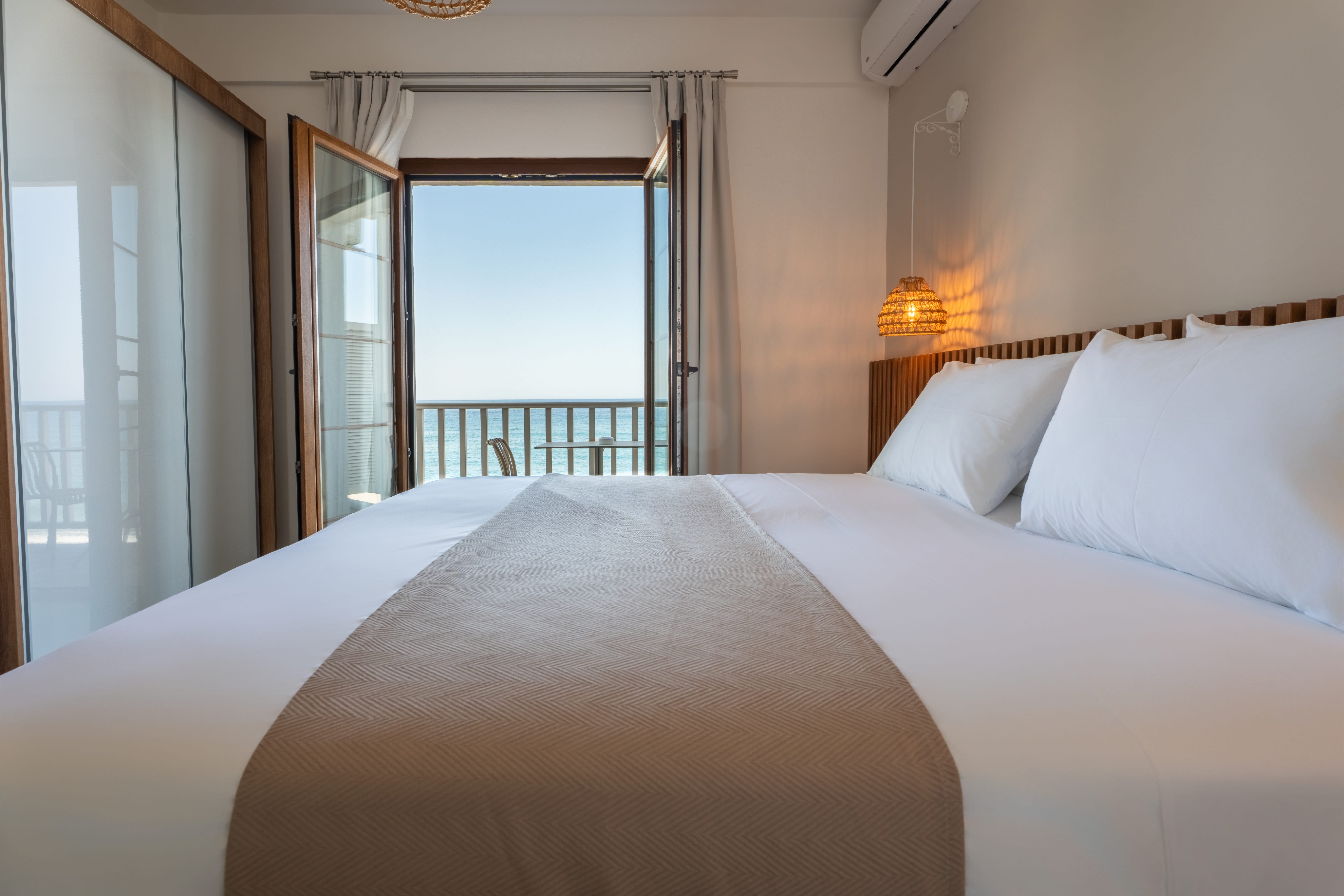 a hotel room with two beds