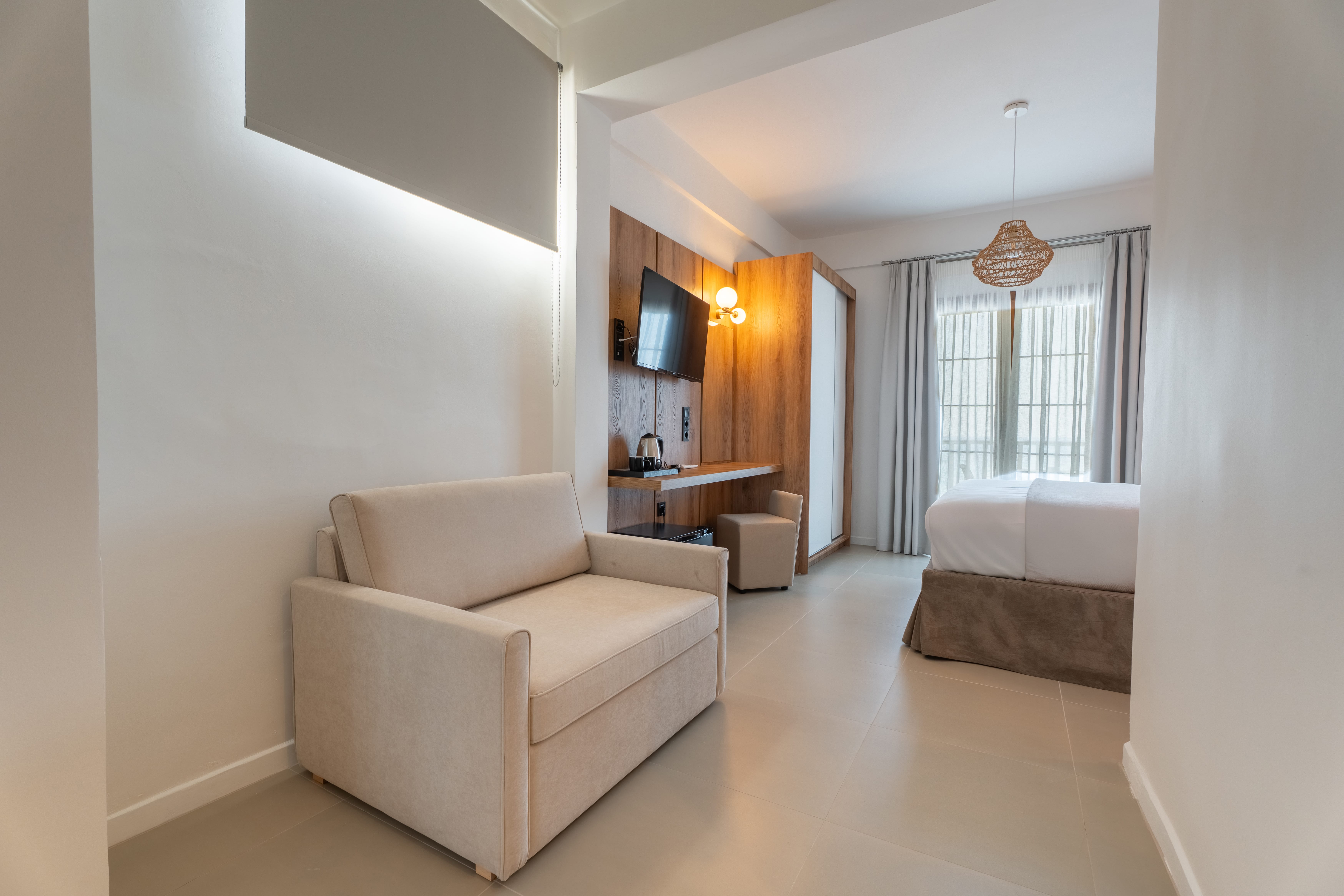 a living room with a white couch