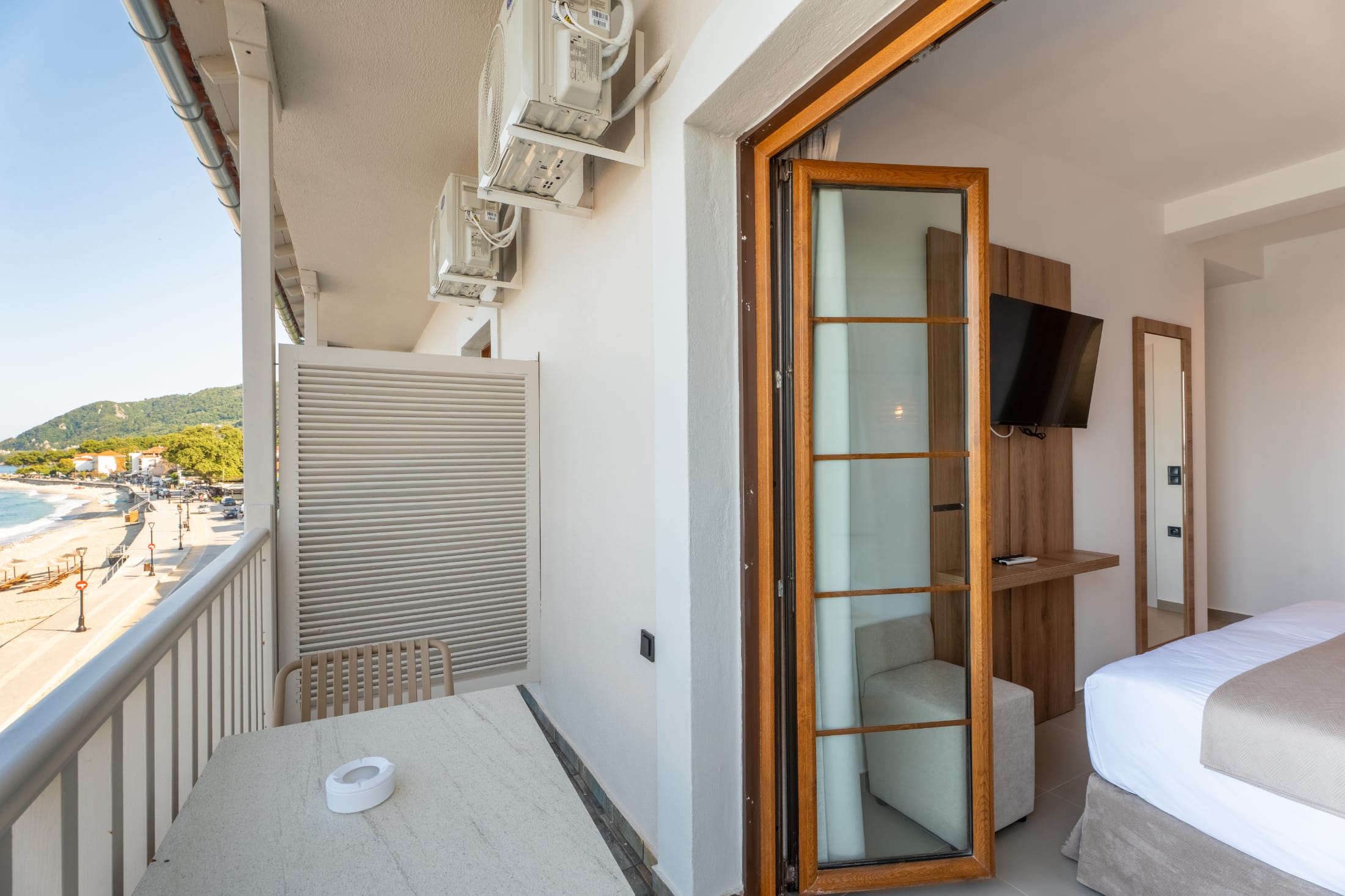 a room with a bed and a table