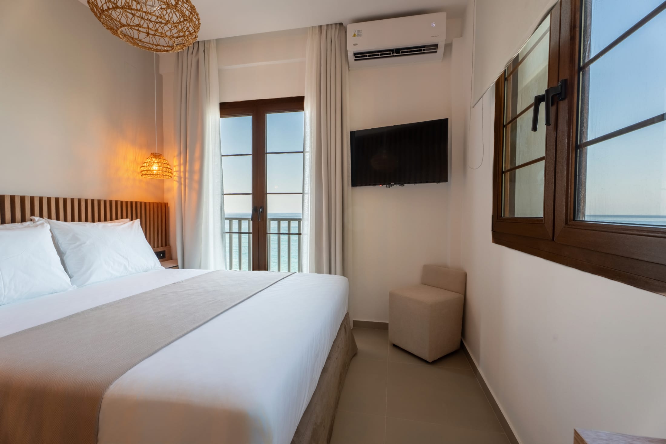 a hotel room with two beds