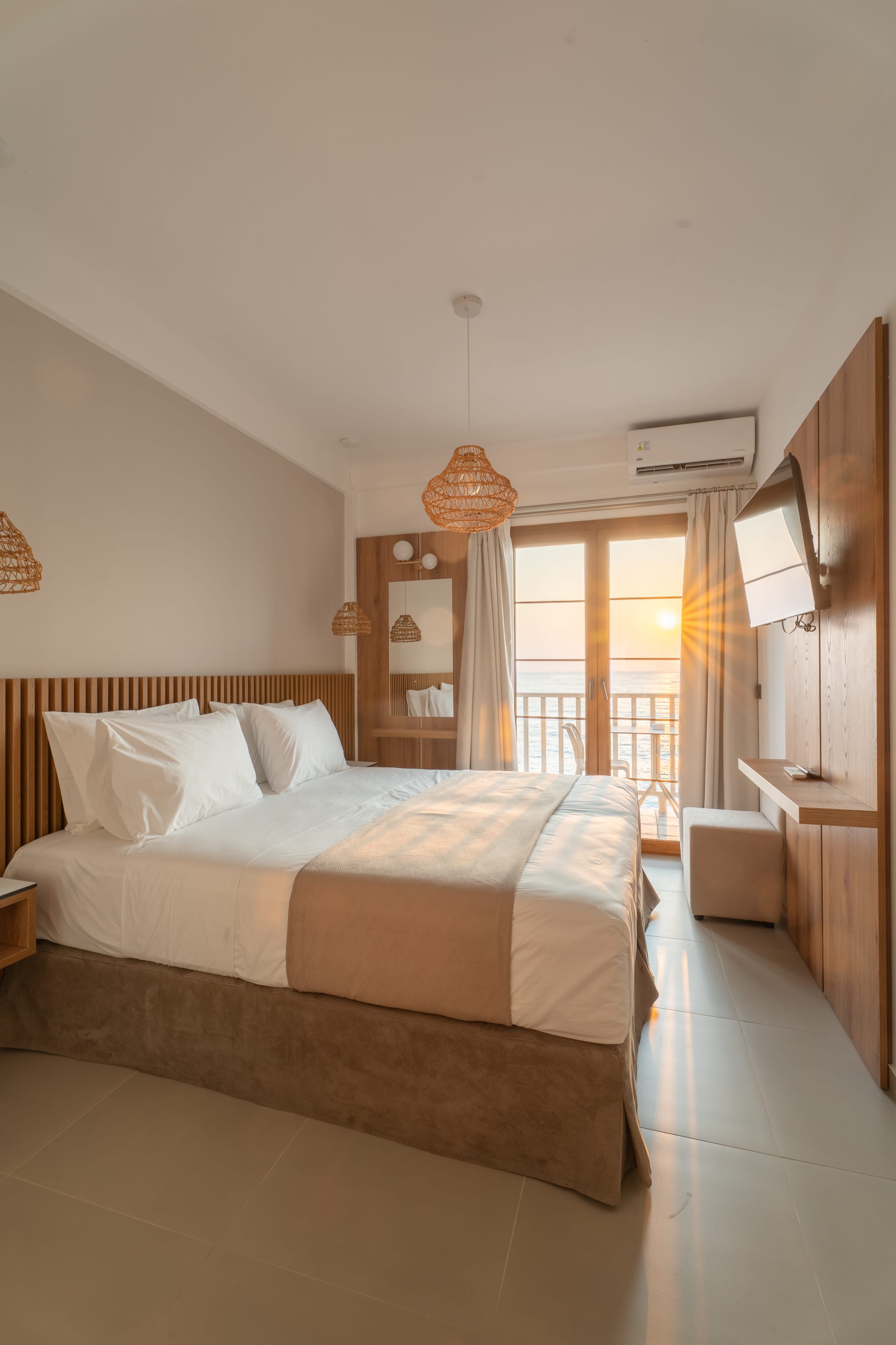 a hotel room with two beds