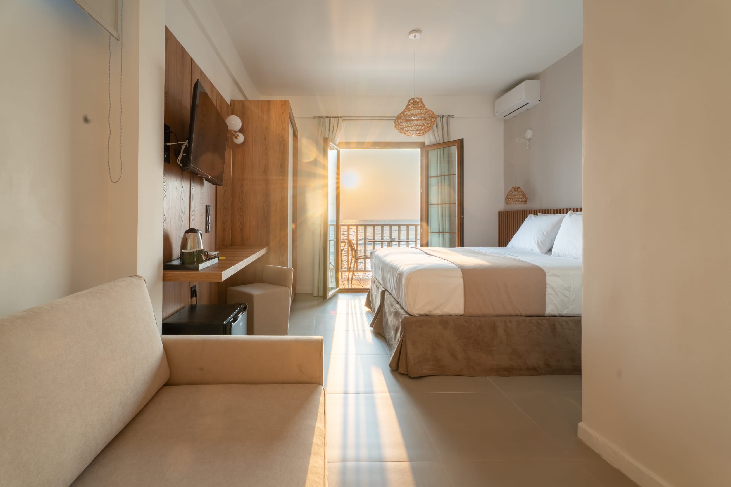 a hotel room with two beds