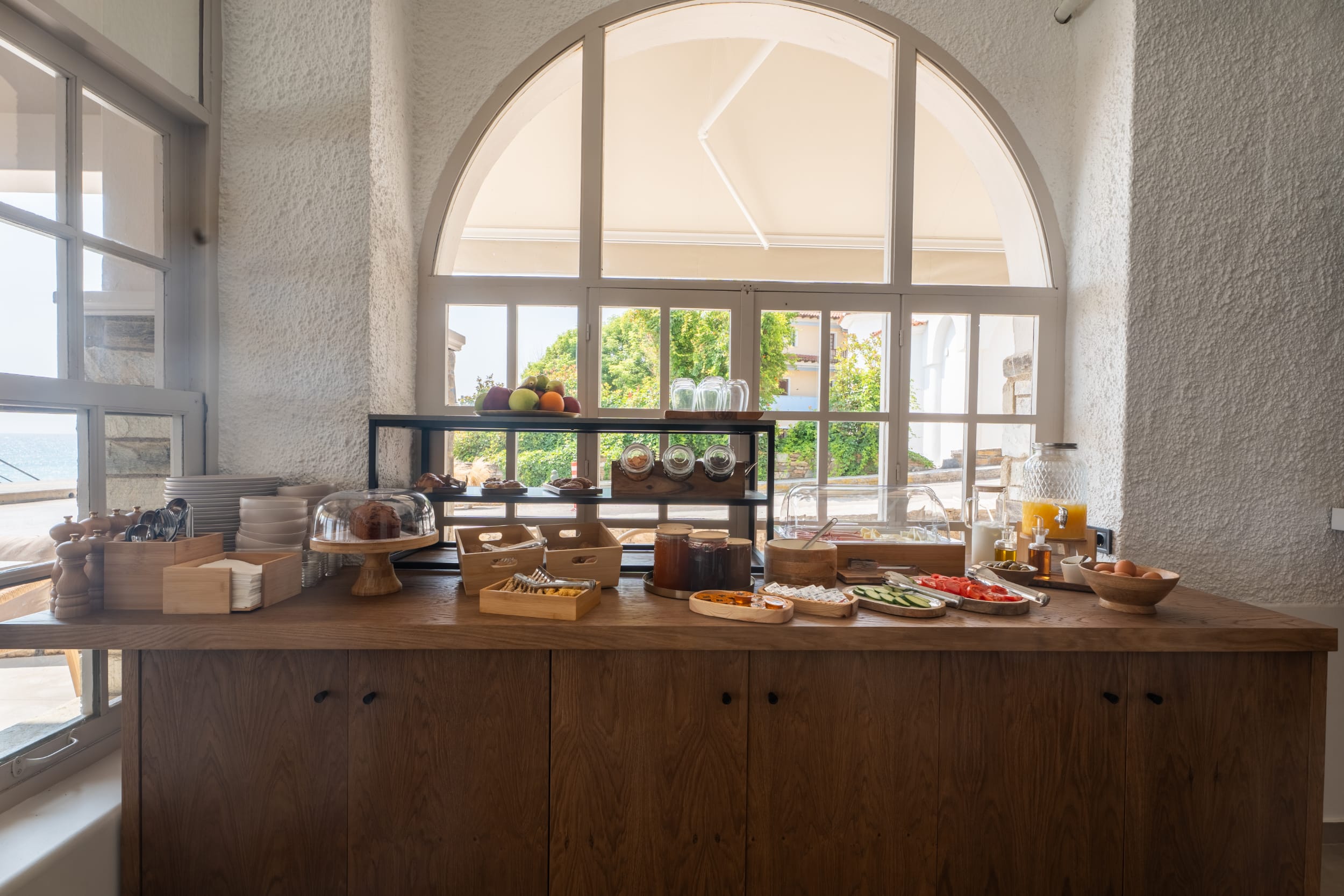 a kitchen with a large window