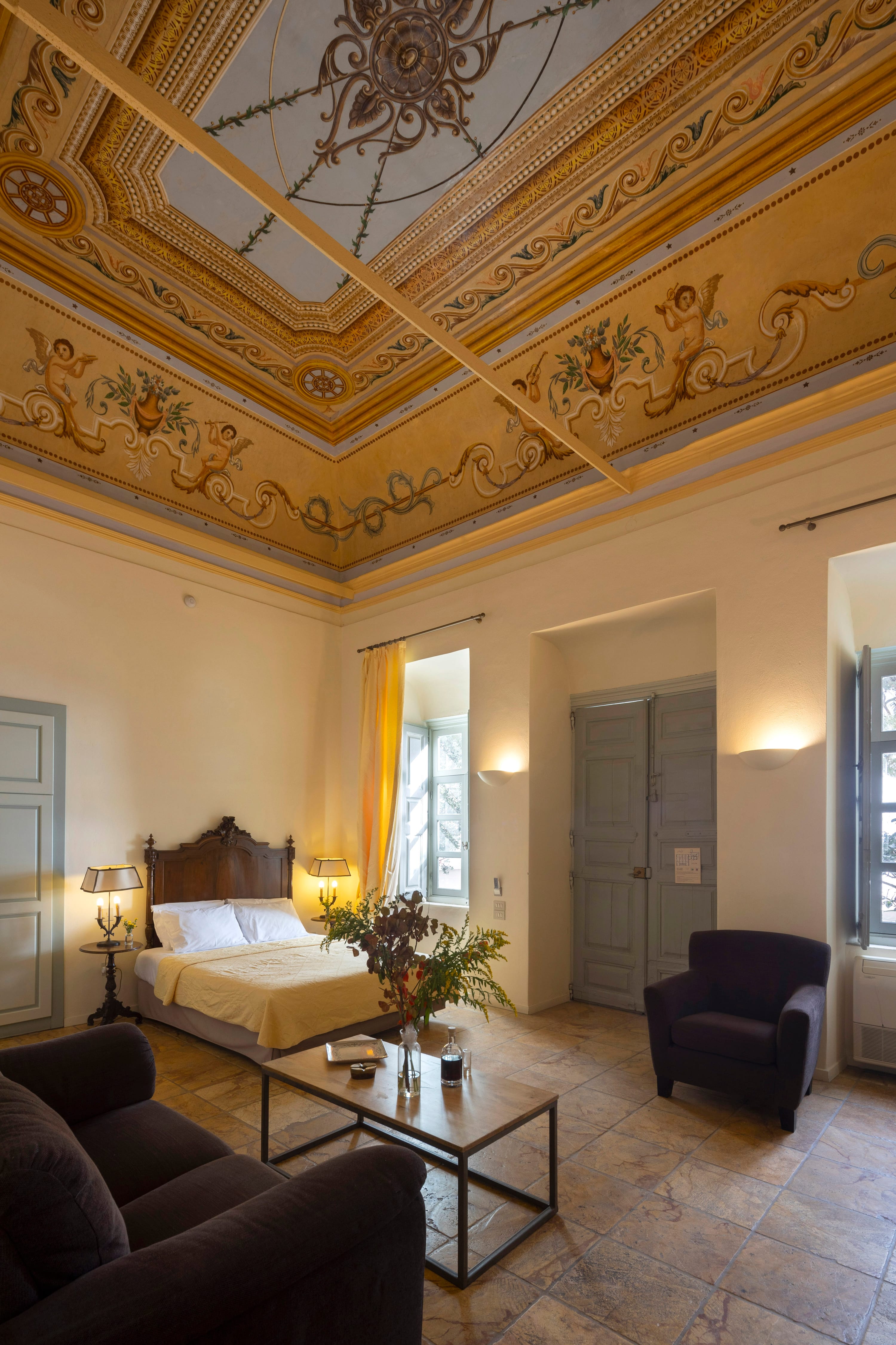 a room with a bed and a table
