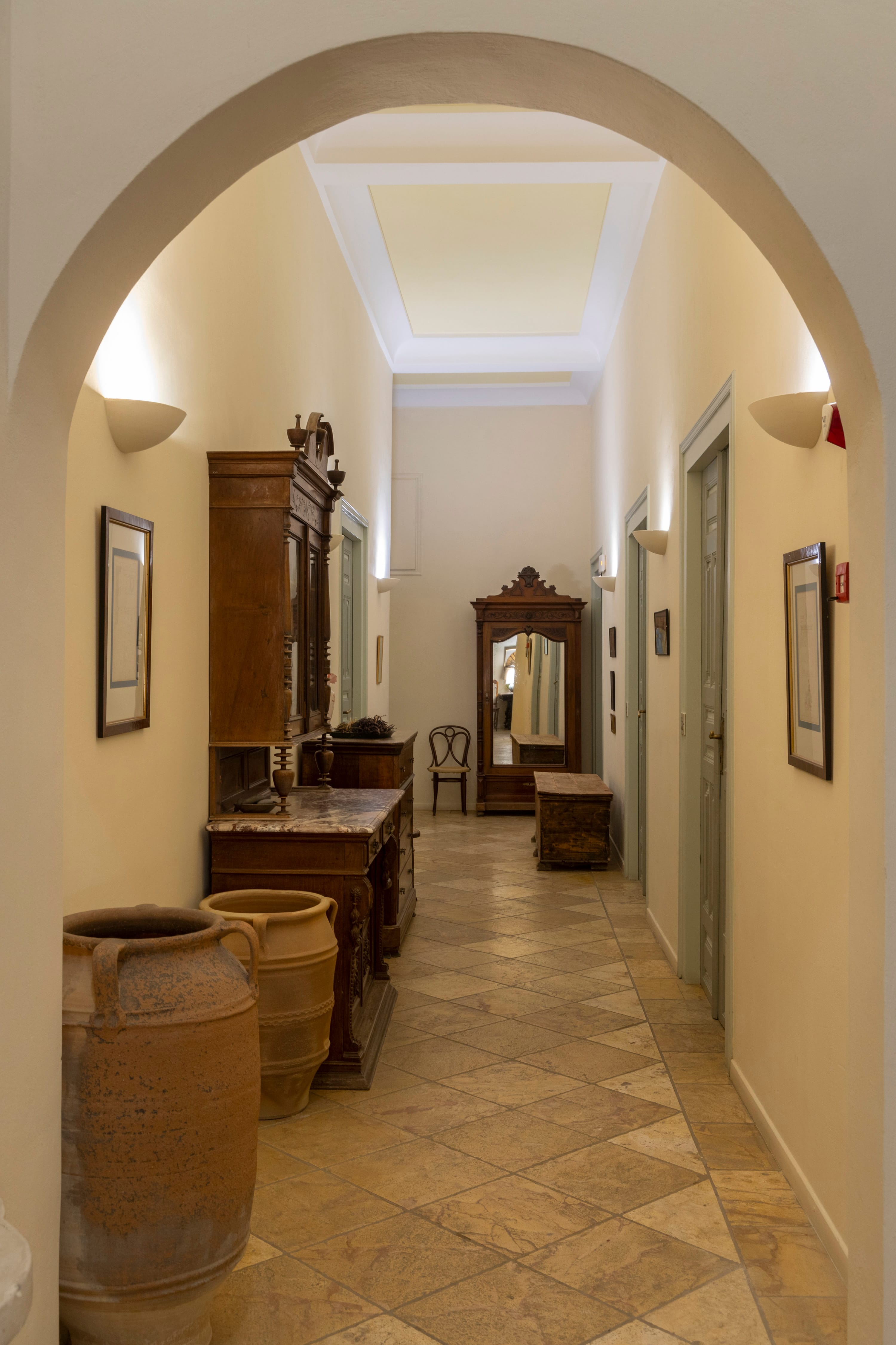 a large room with a large mirror