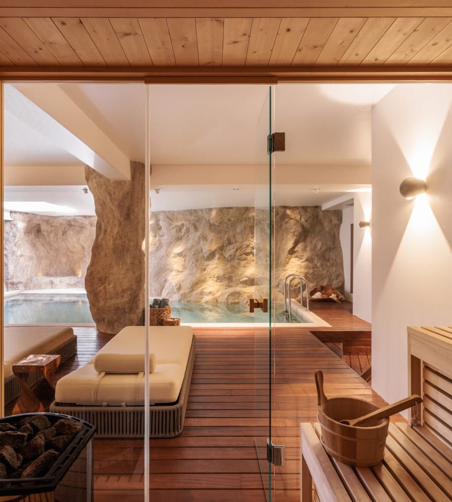 a room with a glass door