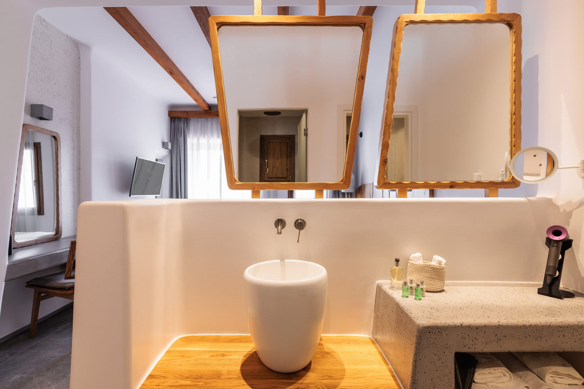 a bathroom with a large mirror