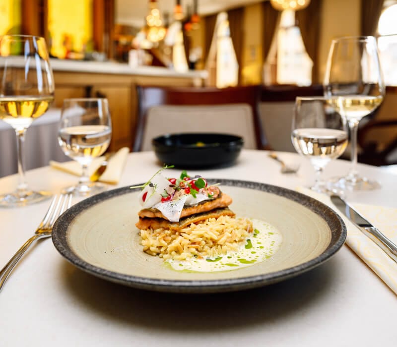 a plate of food and wine glasses