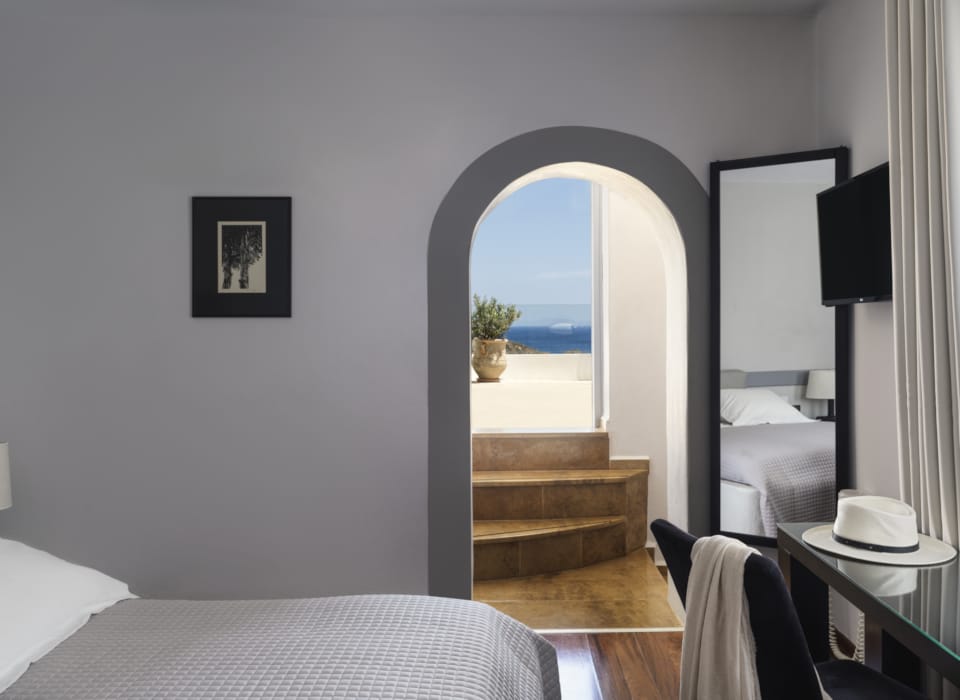 a room with a bed and a mirror