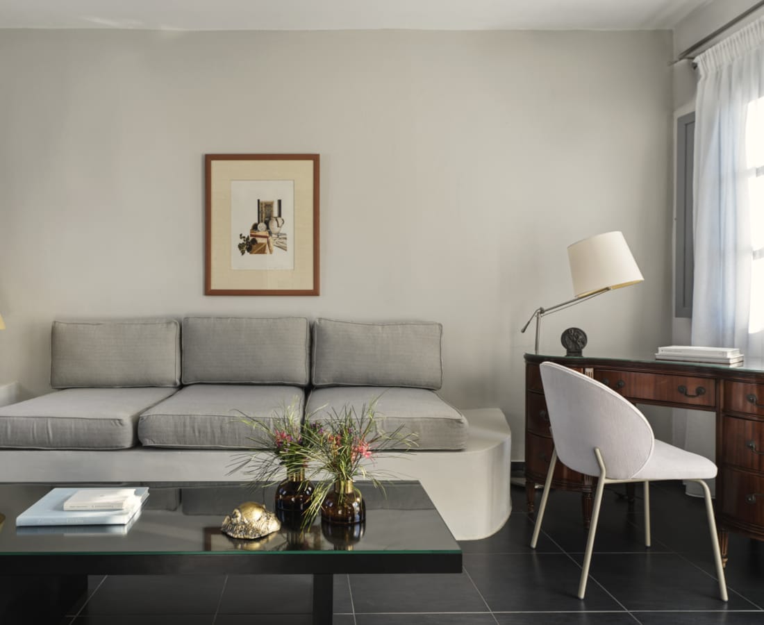 a living room with a couch and a coffee table