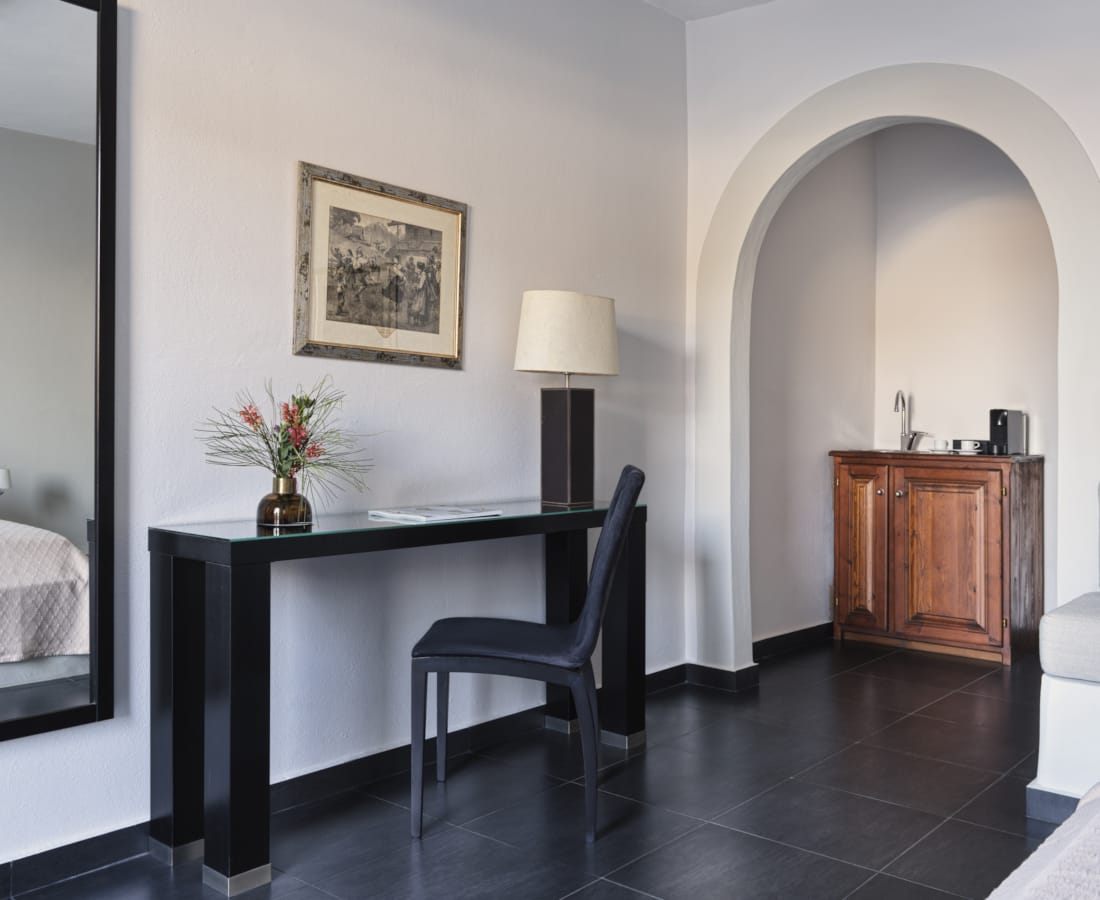 a room with a desk and a chair