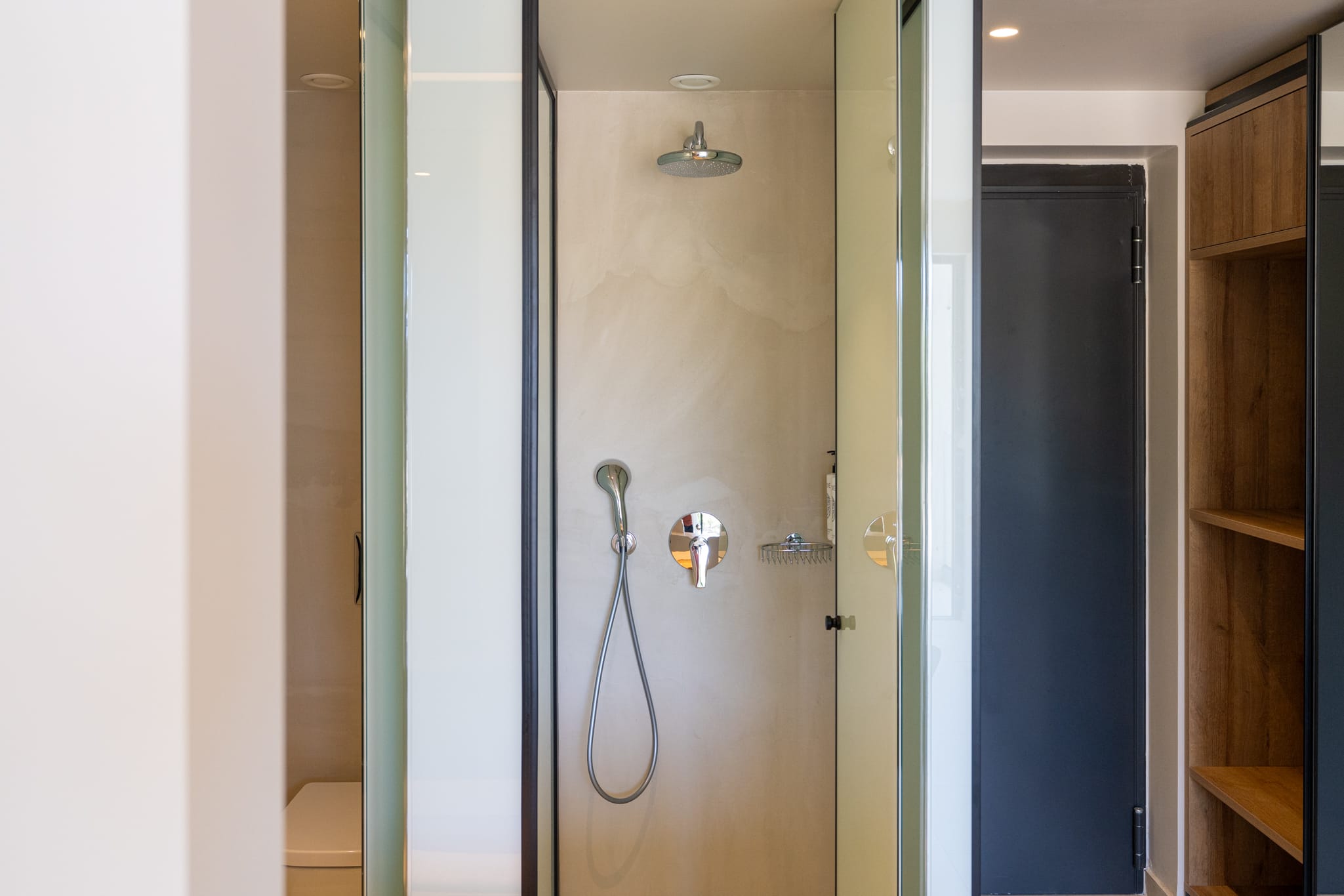 a shower with a hose