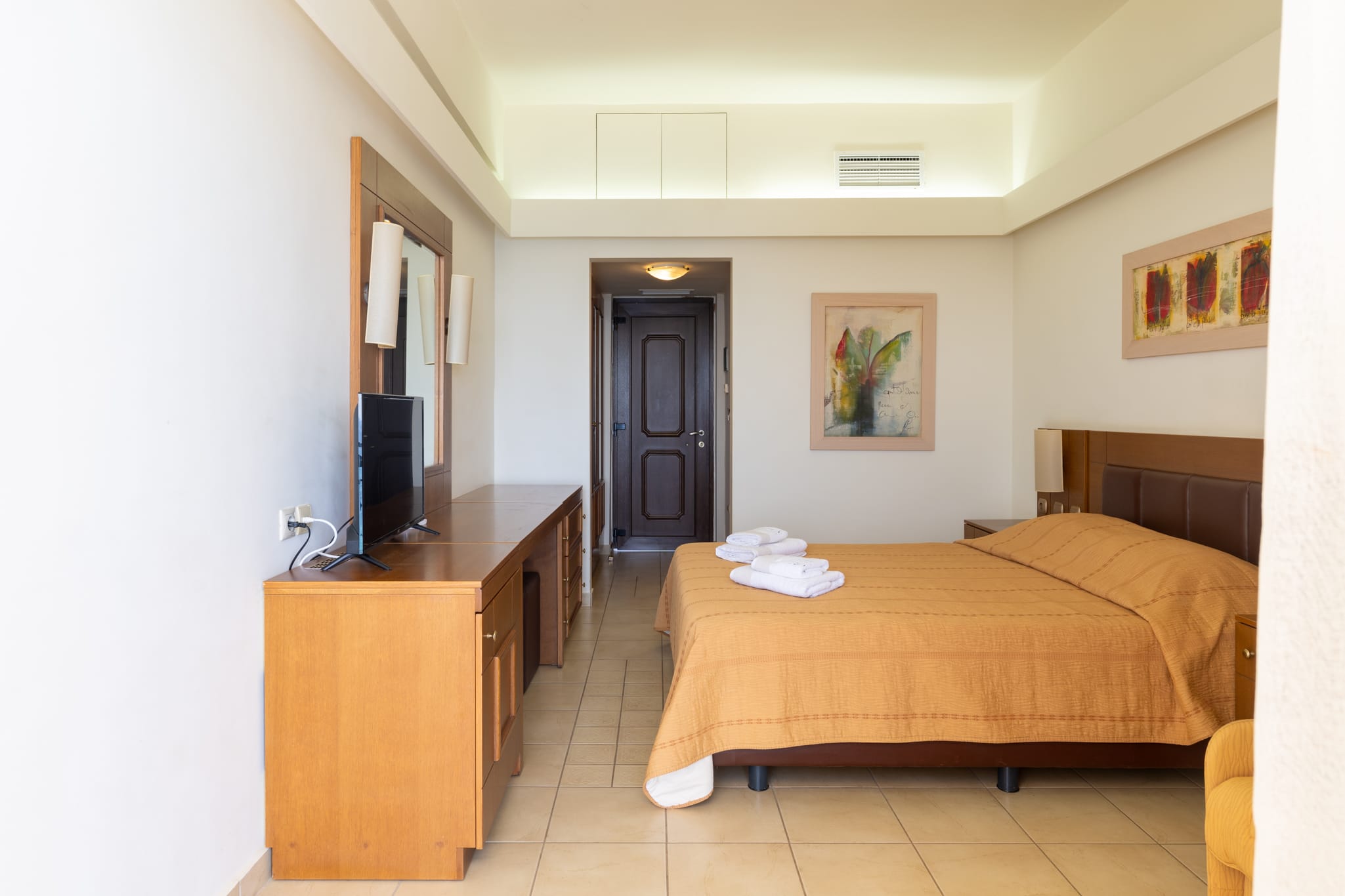 a bedroom with a bed and a tv