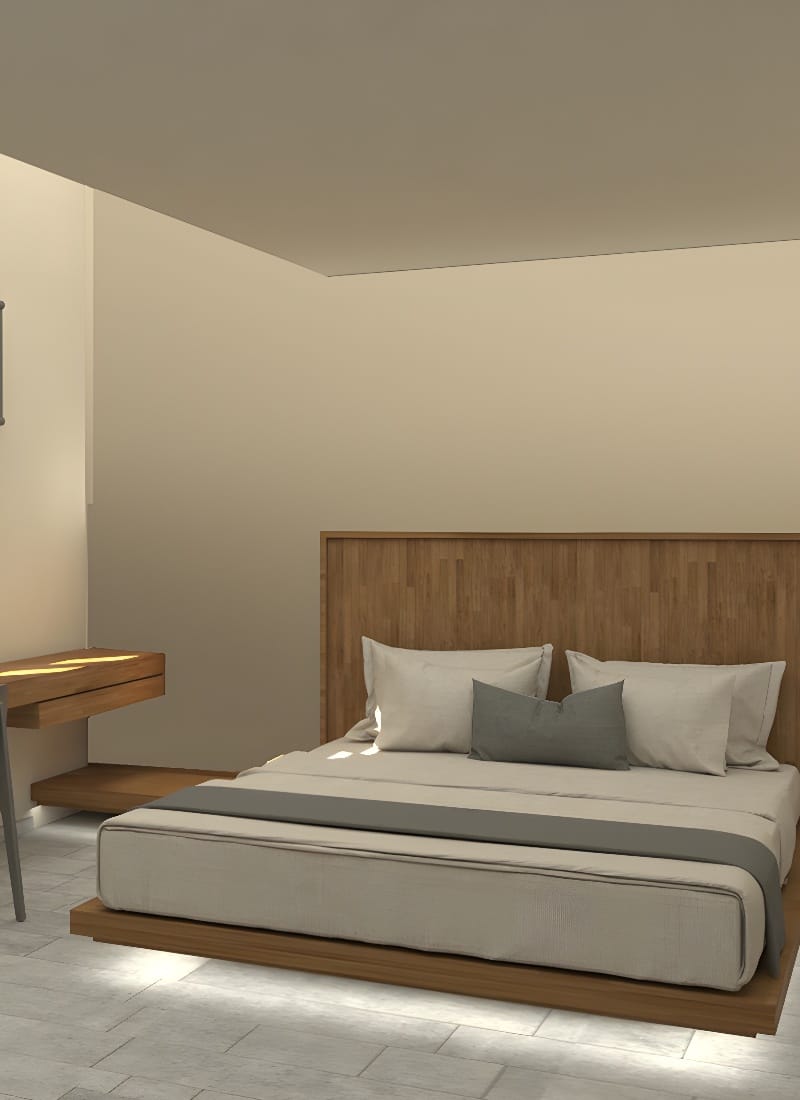 a bed with a wood headboard