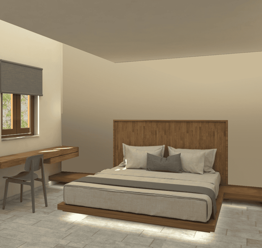 a room with a bed and desk
