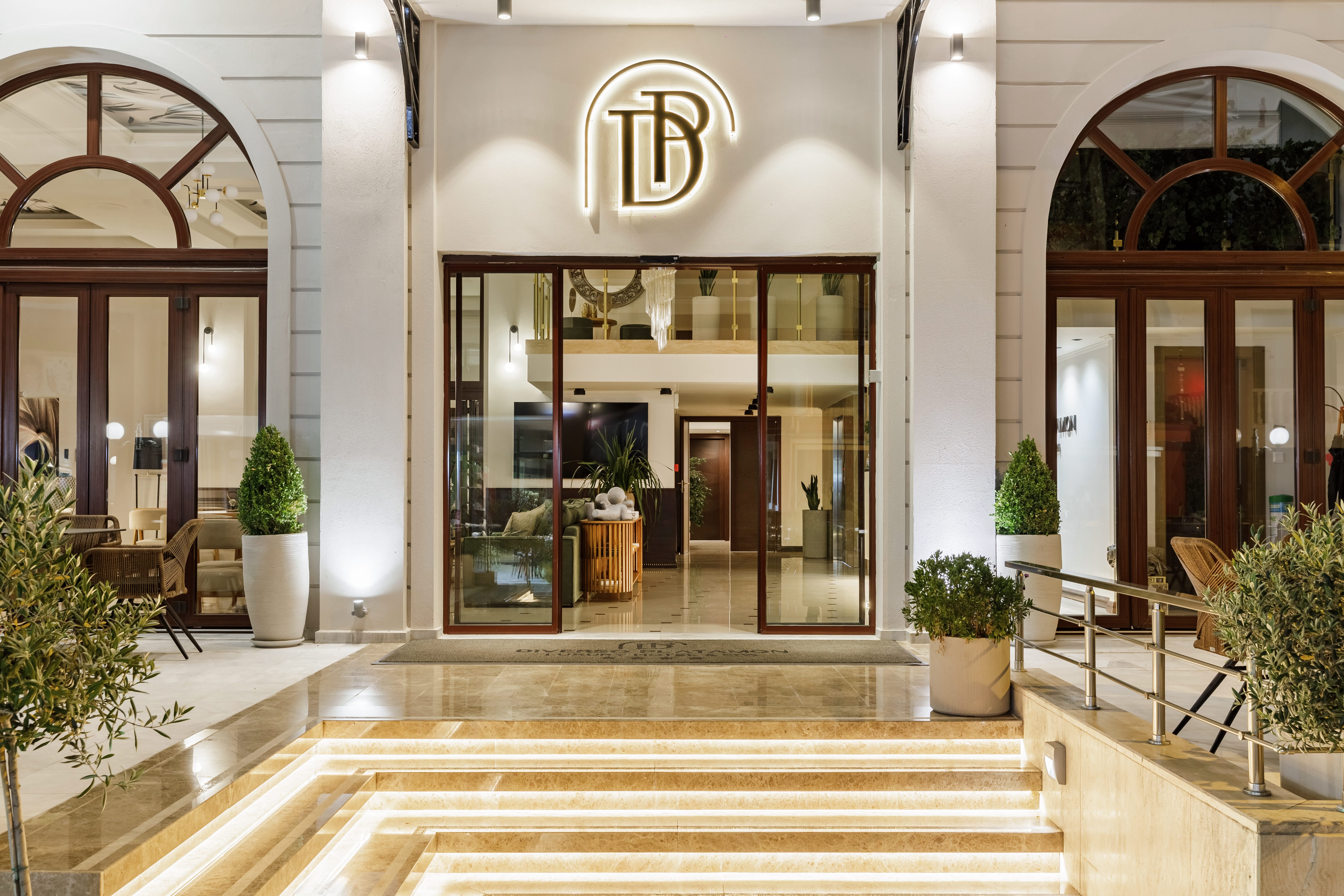 a building with a glass front entrance