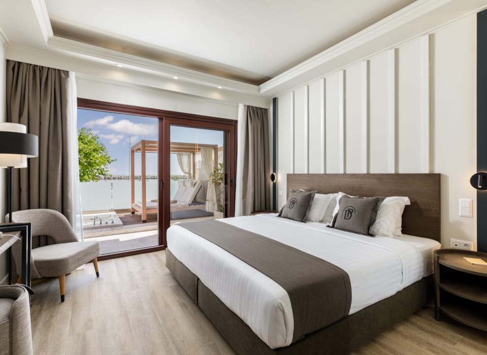 a bedroom with a large window