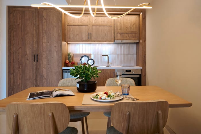 a dining table with a plate of food