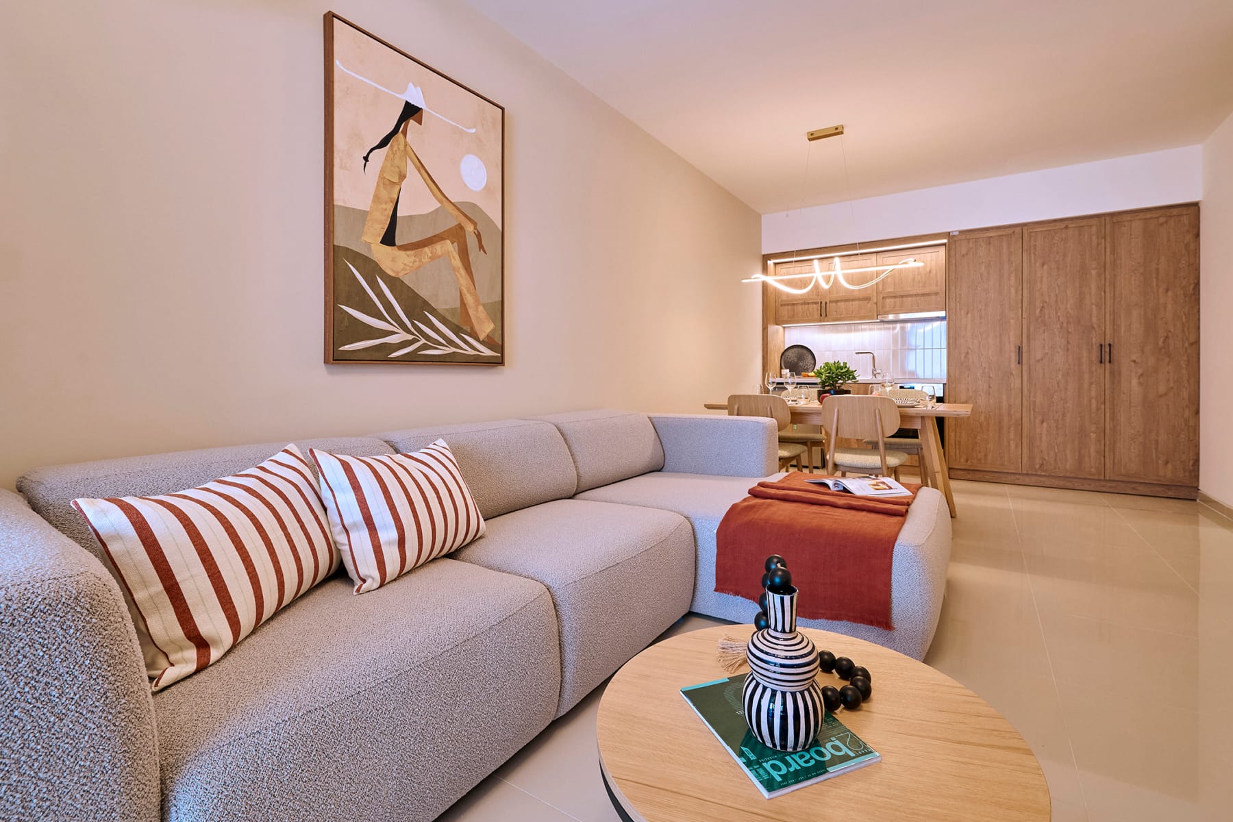 a living room with a couch and a table