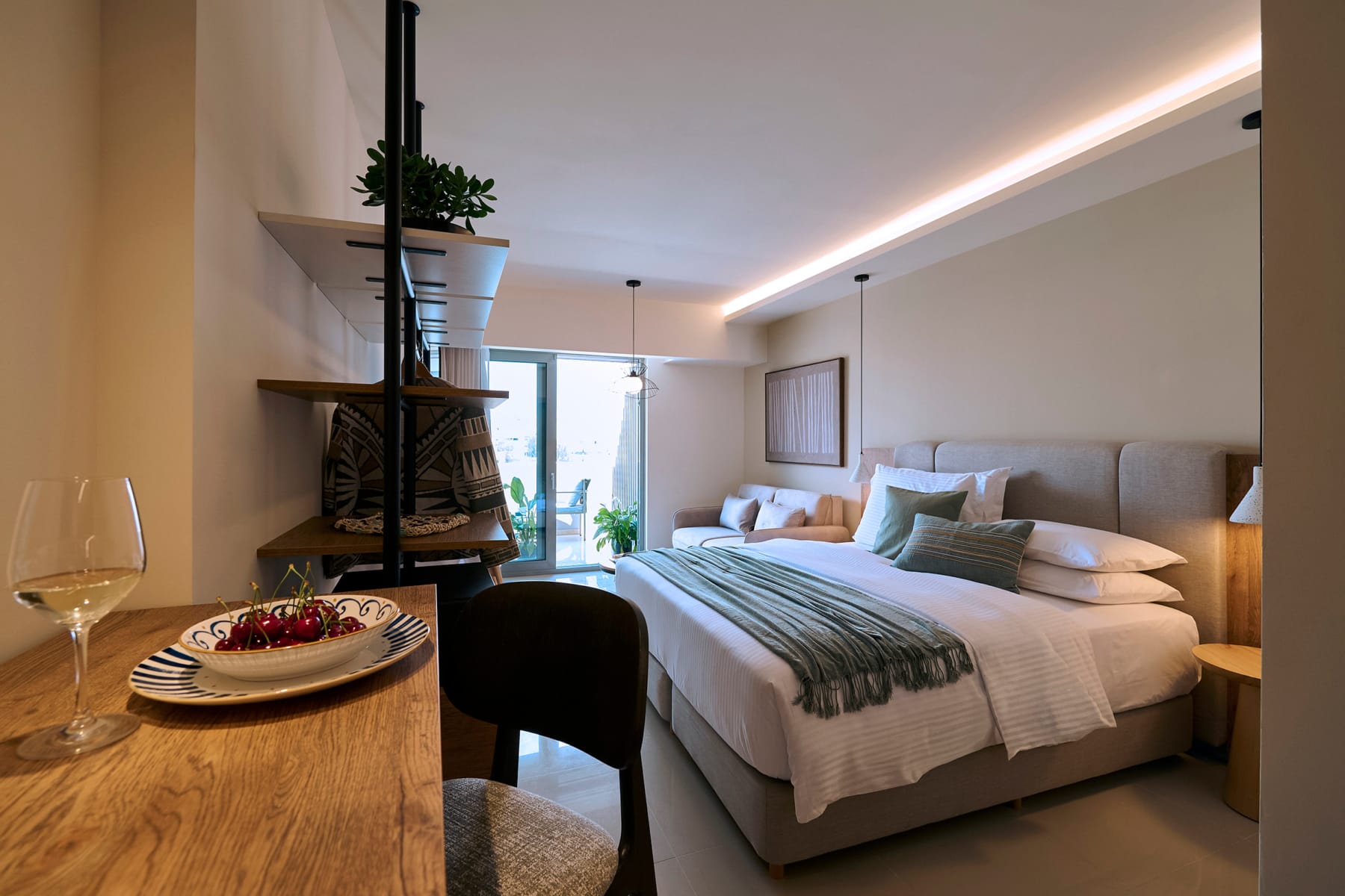 a room with a bed and a table