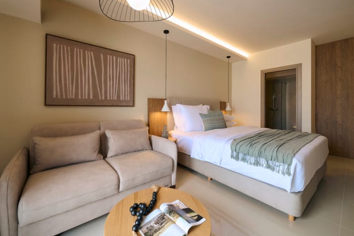 a bedroom with a bed and a couch