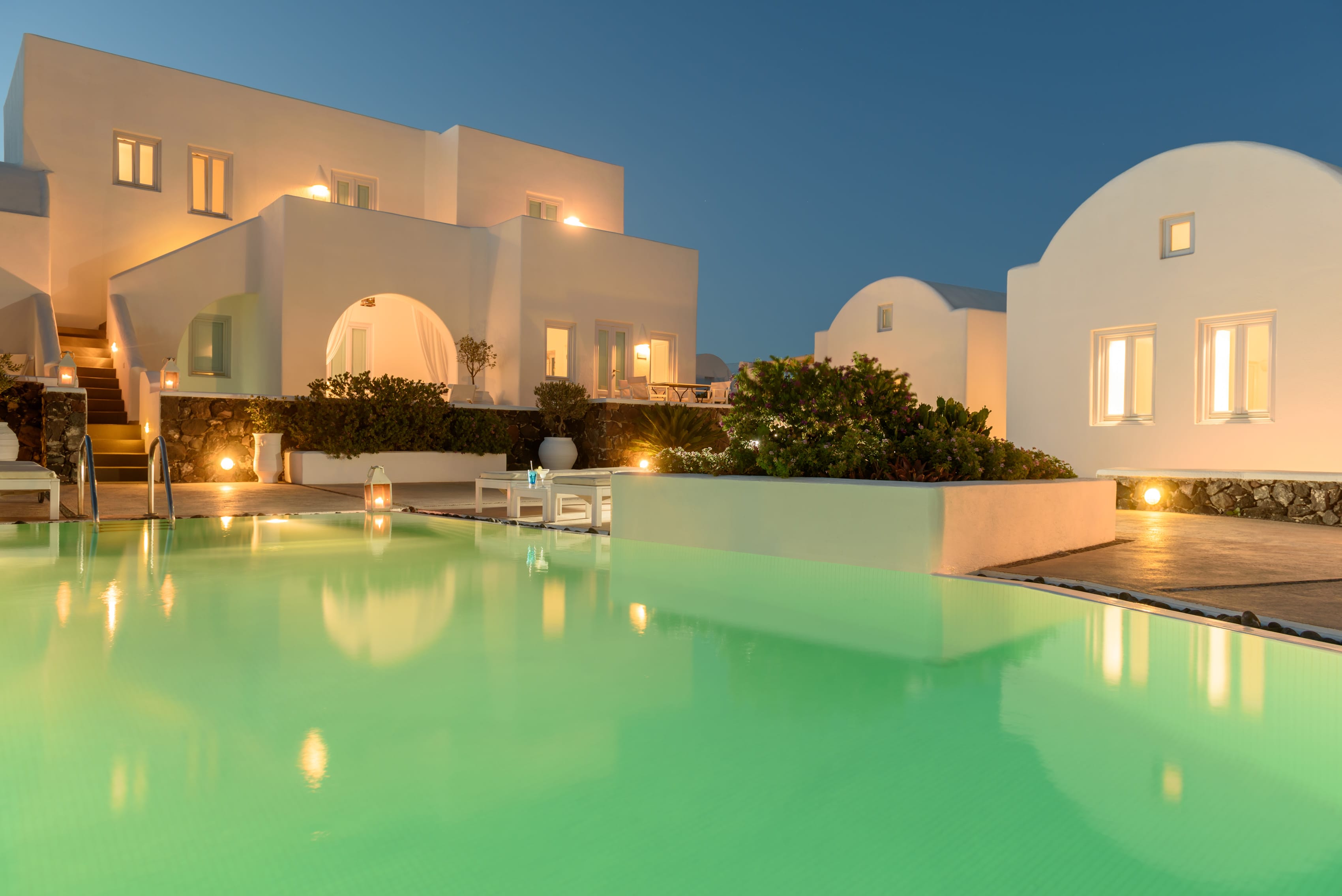 a pool with lights on it