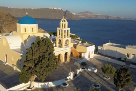 a church with a blue roof