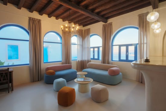 a room with colorful furniture