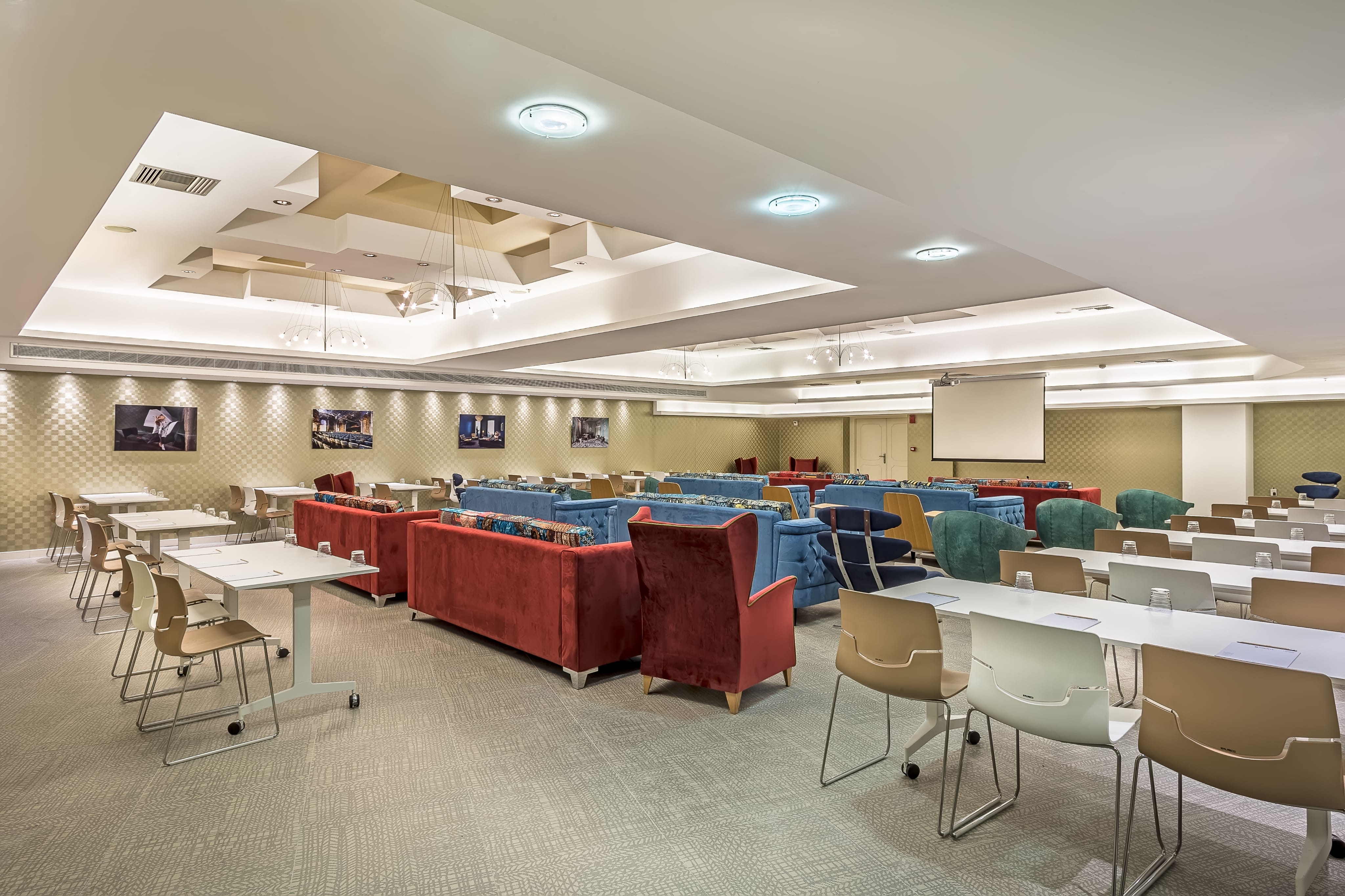 a room with tables and chairs