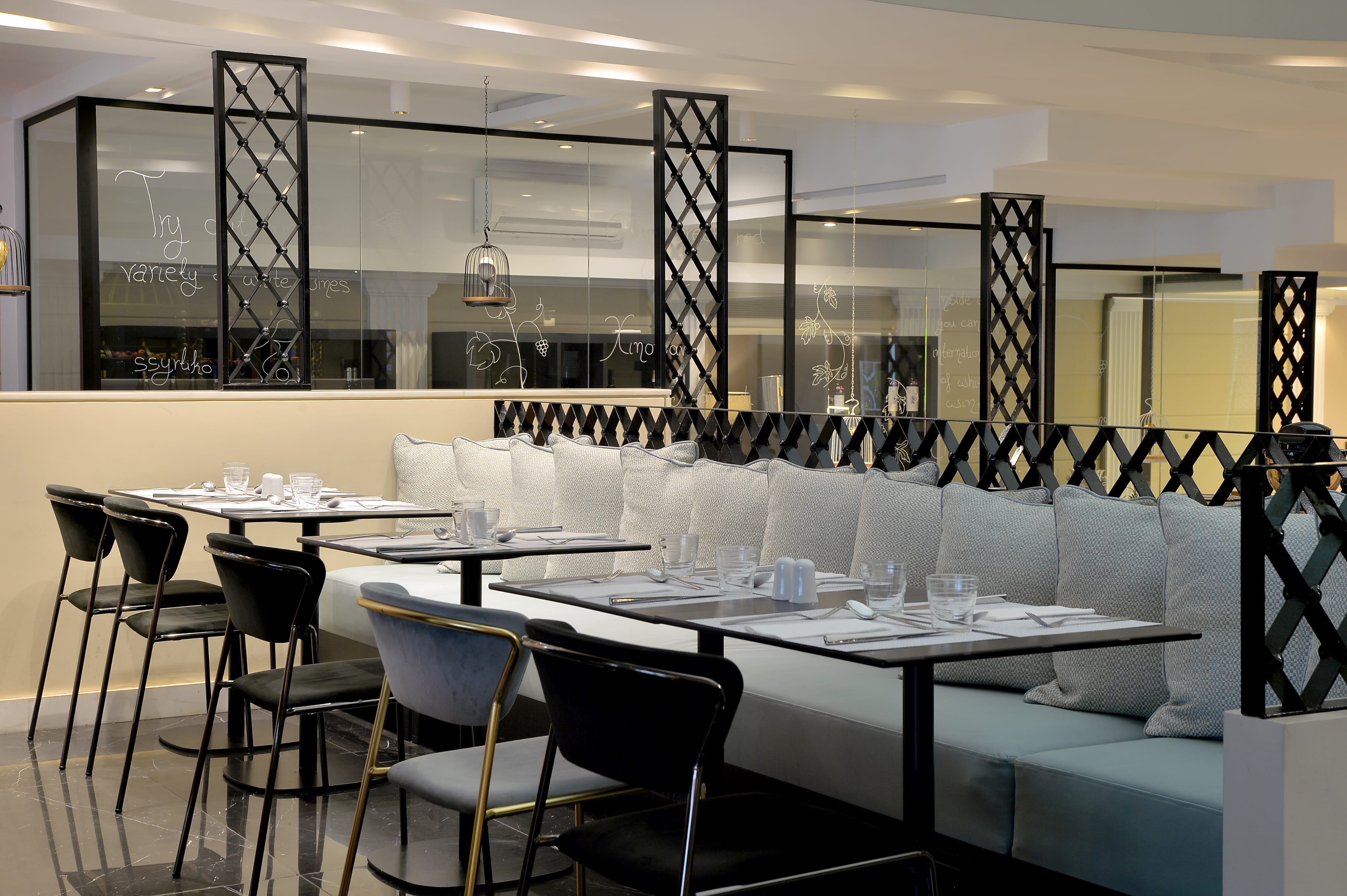 a restaurant with tables and chairs