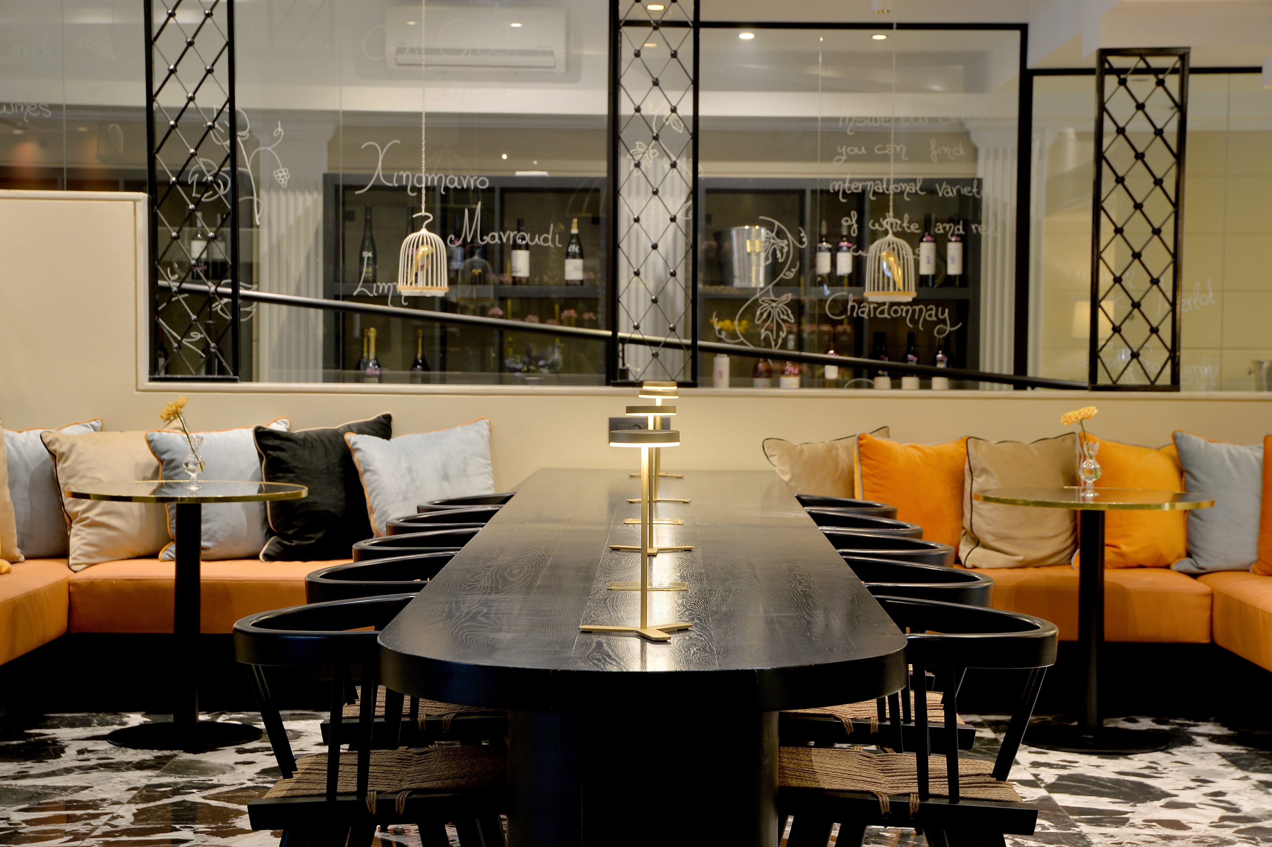 a long table with chairs in a room