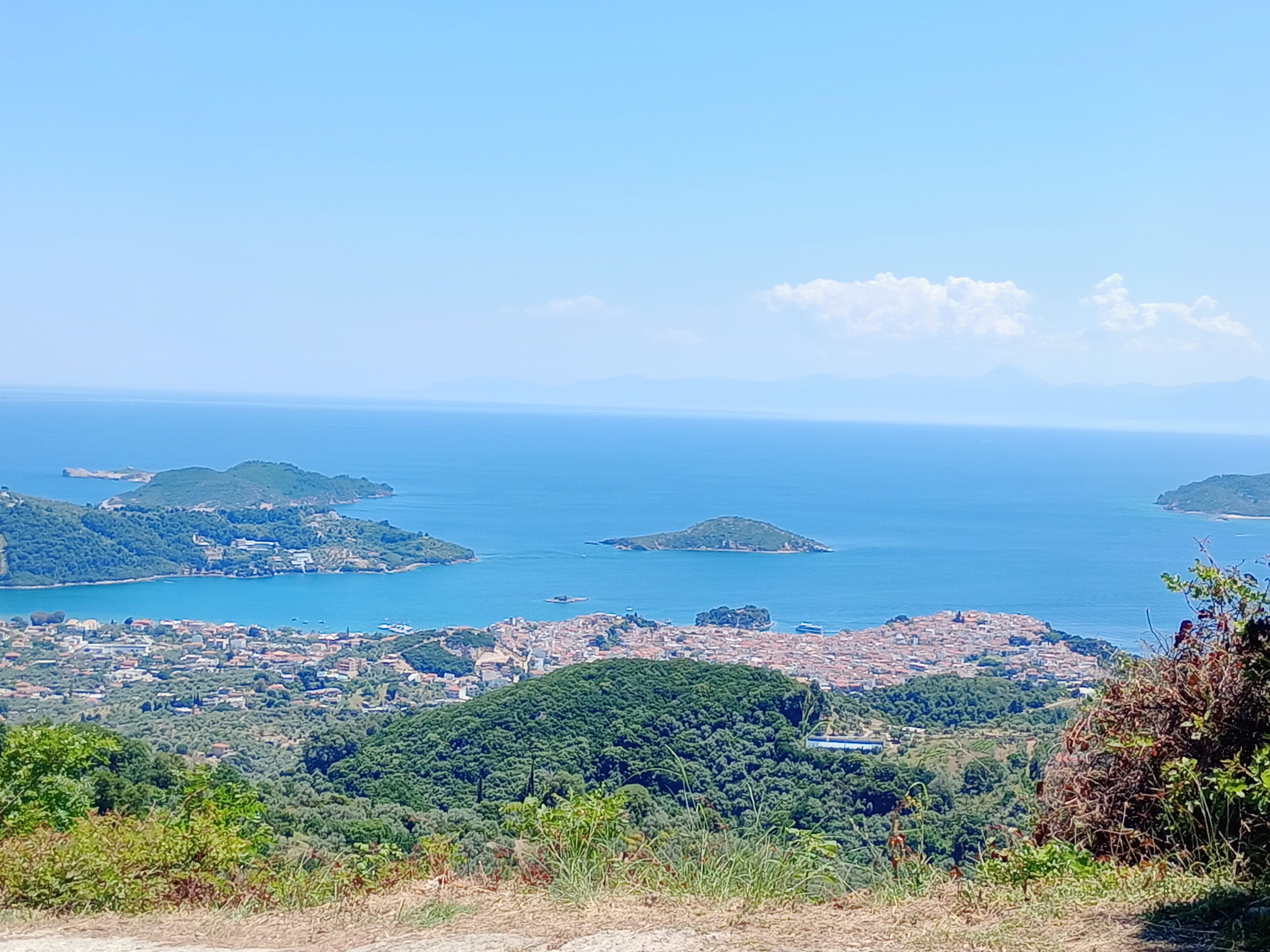 a view of a city and the ocean from a hill