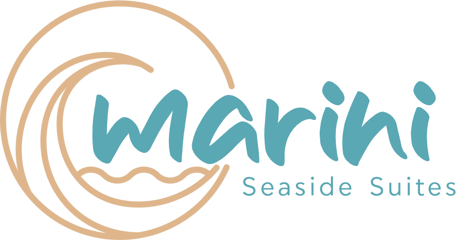 a logo with blue and tan text