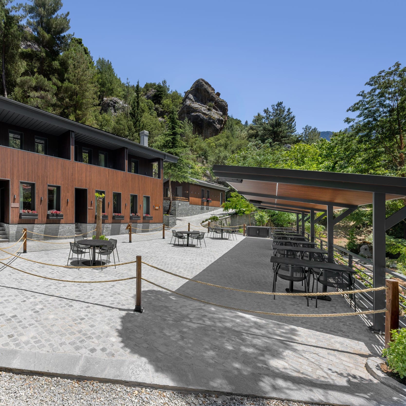 a building with a covered patio