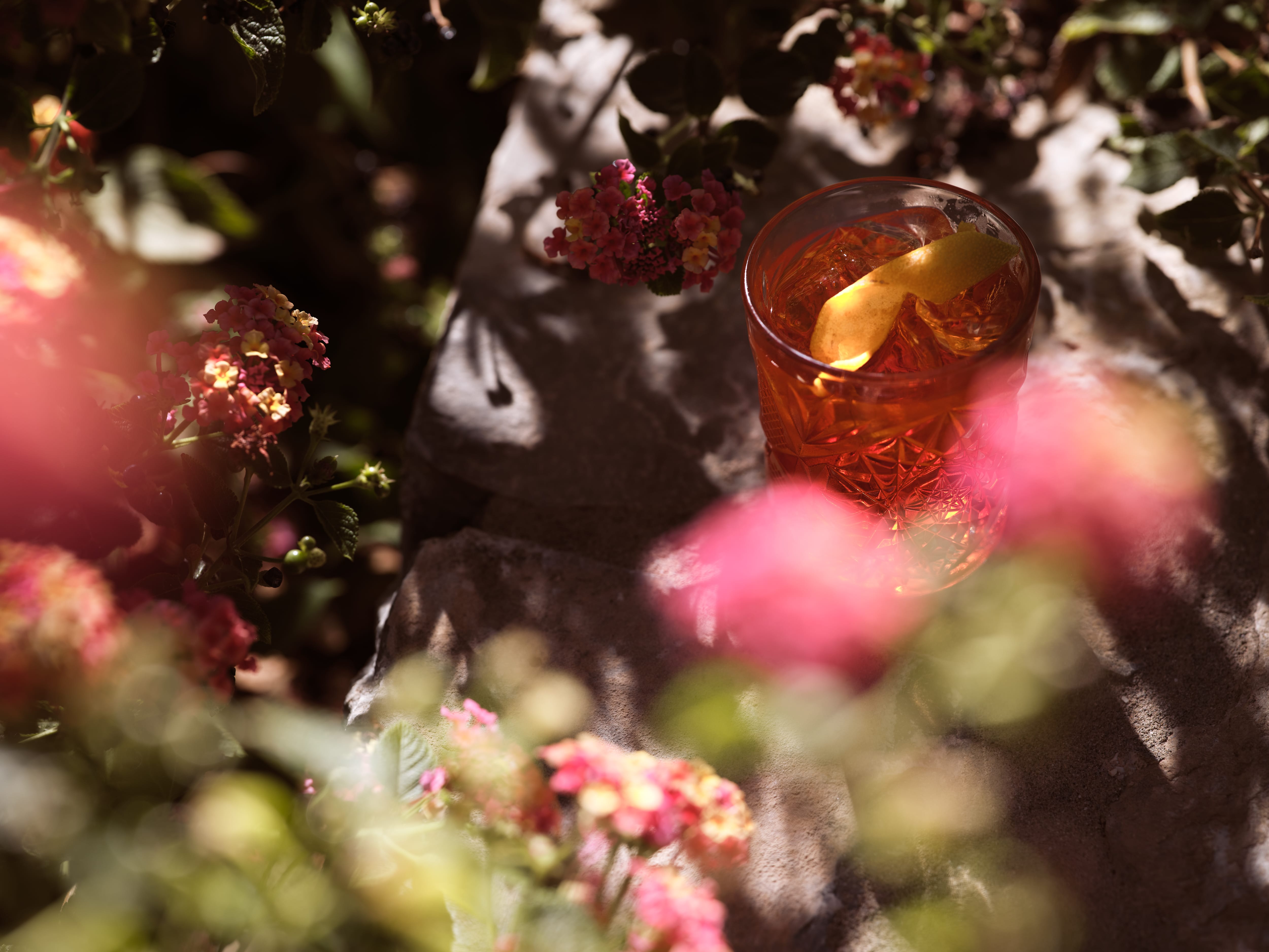 a glass of drink with a slice of lemon in the middle of a bush