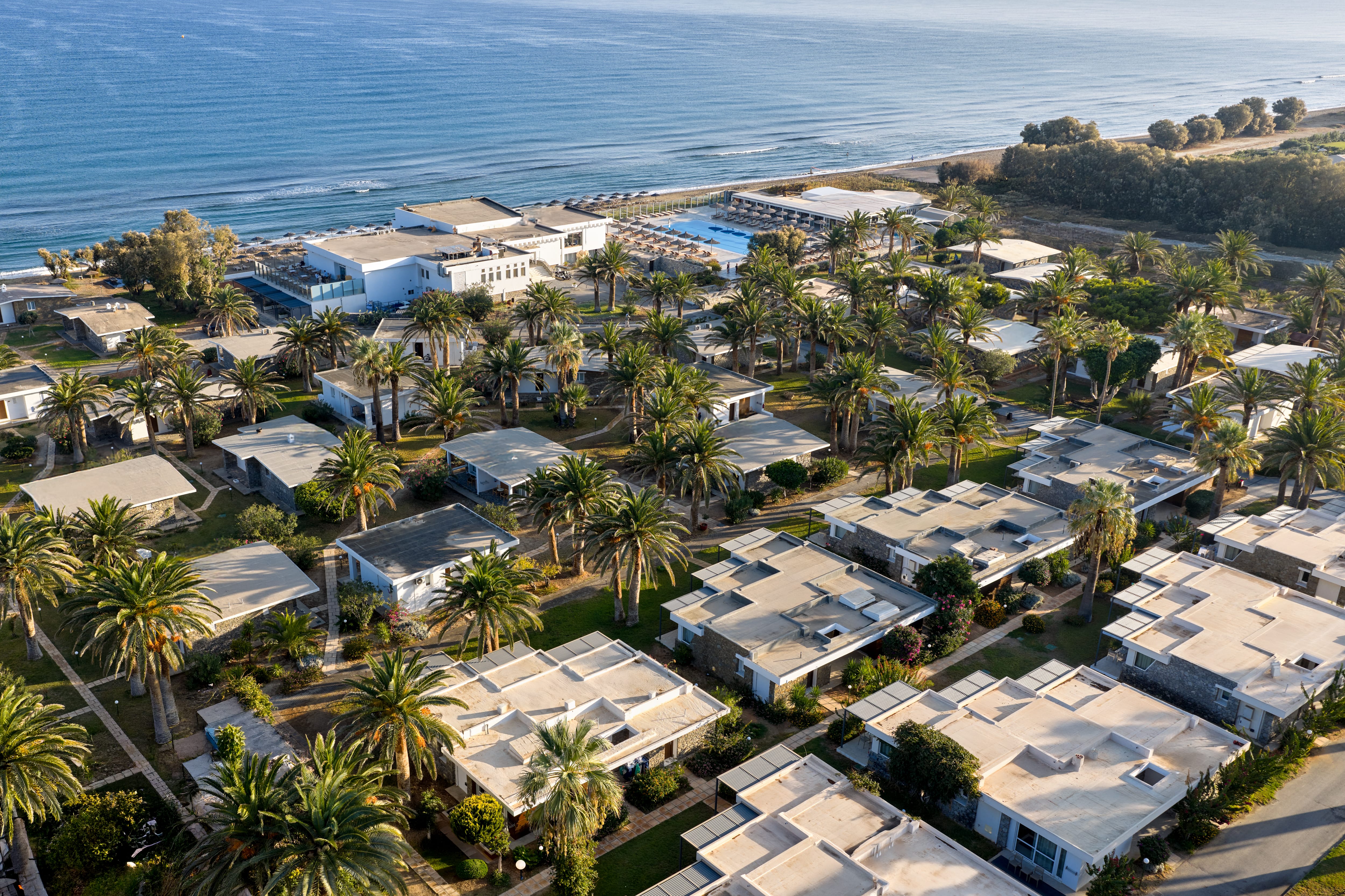 a group of houses with palm trees and a beach