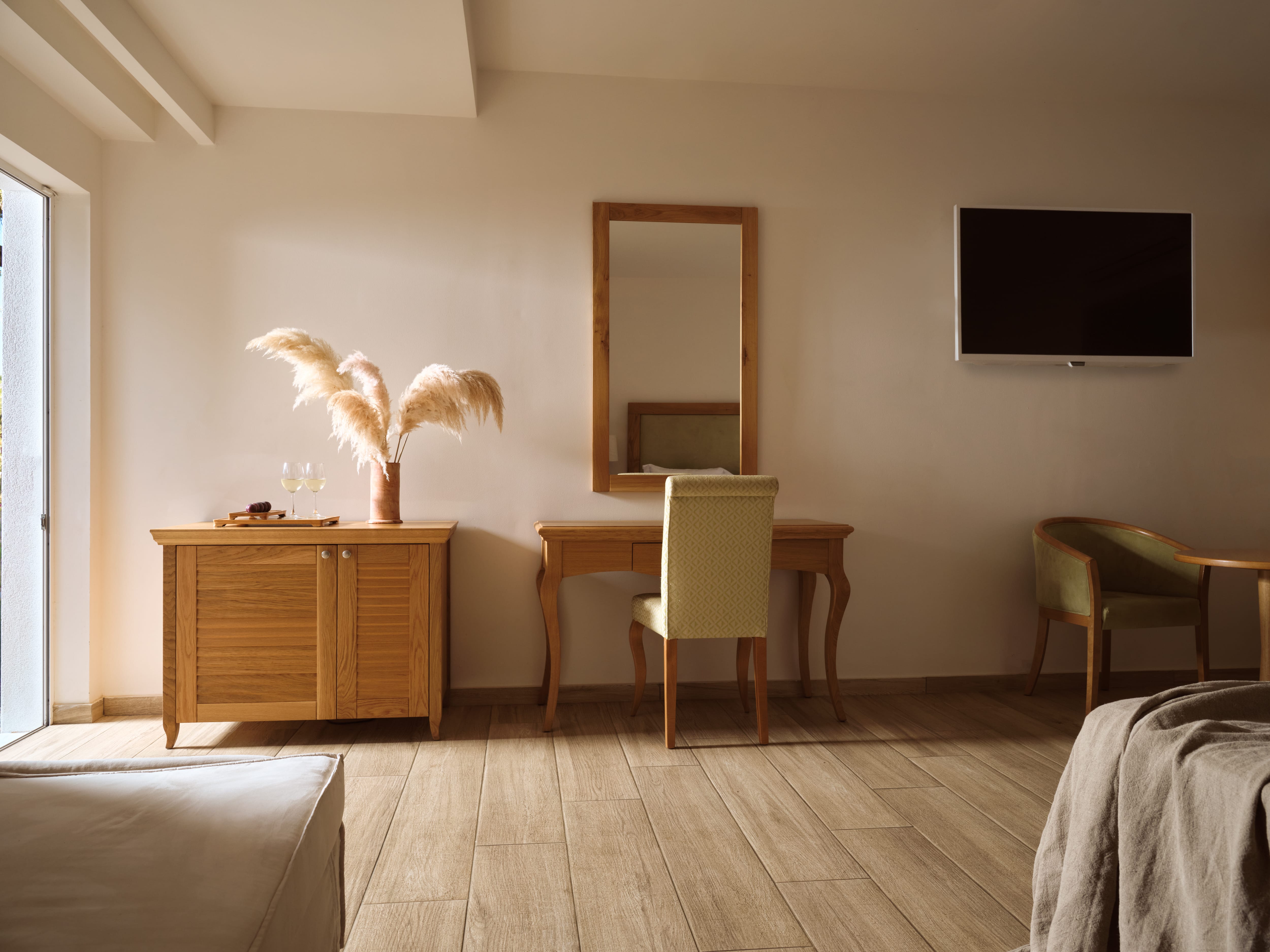a room with a television and a table