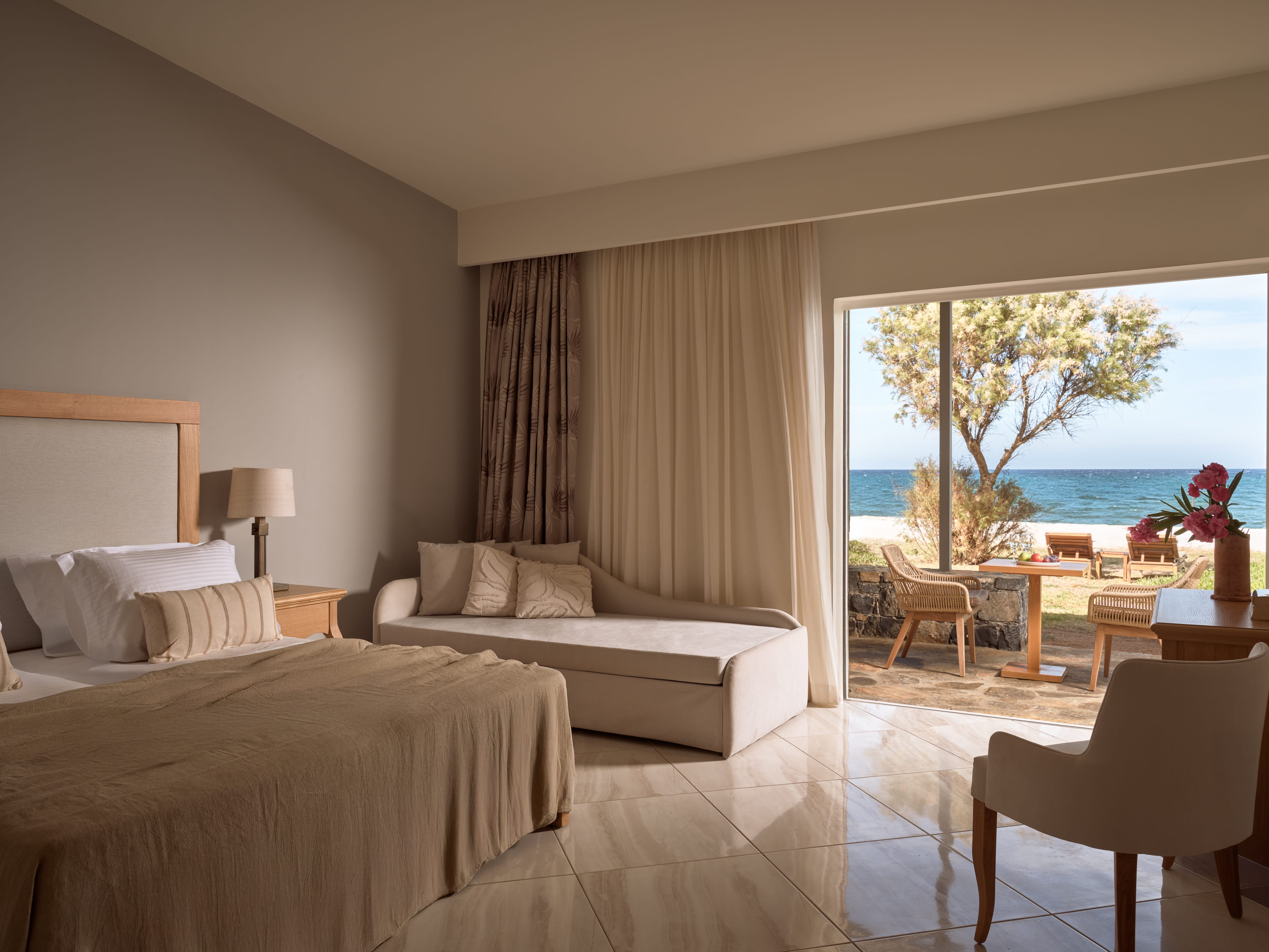 a bedroom with a large window