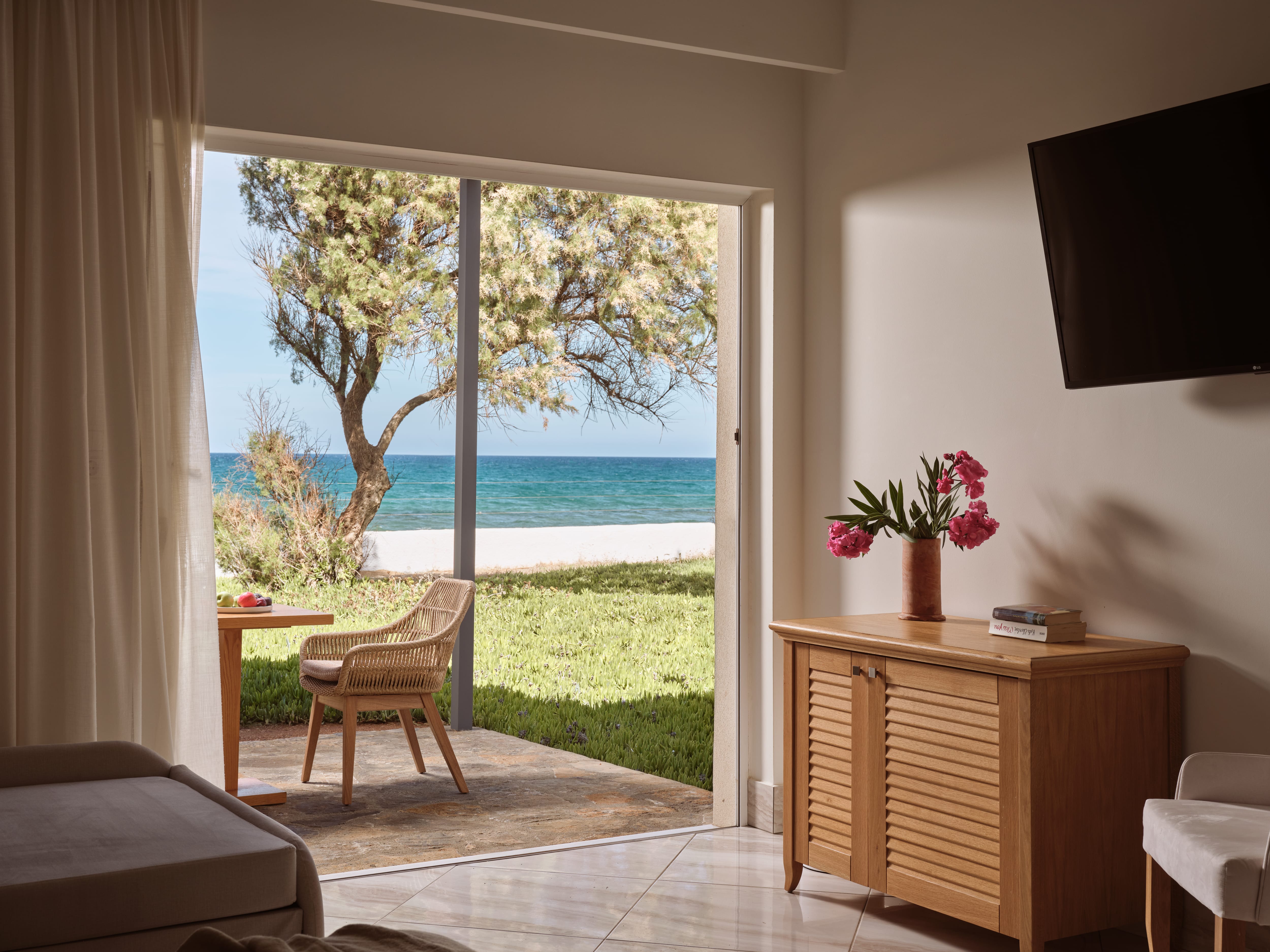 a room with a television and a table