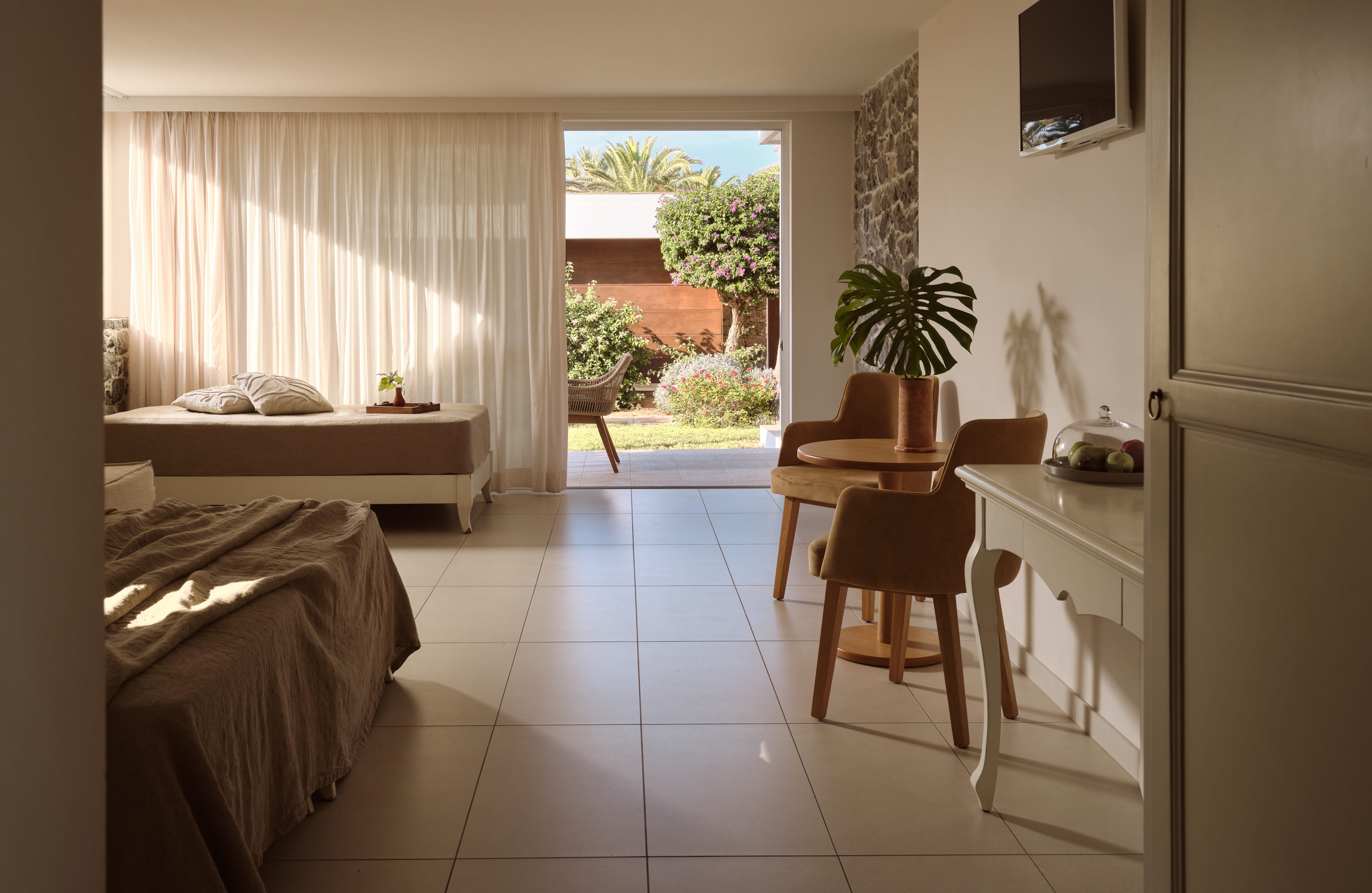 a room with a bed and a table