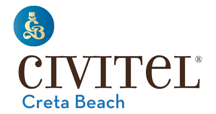 a logo with blue and brown text