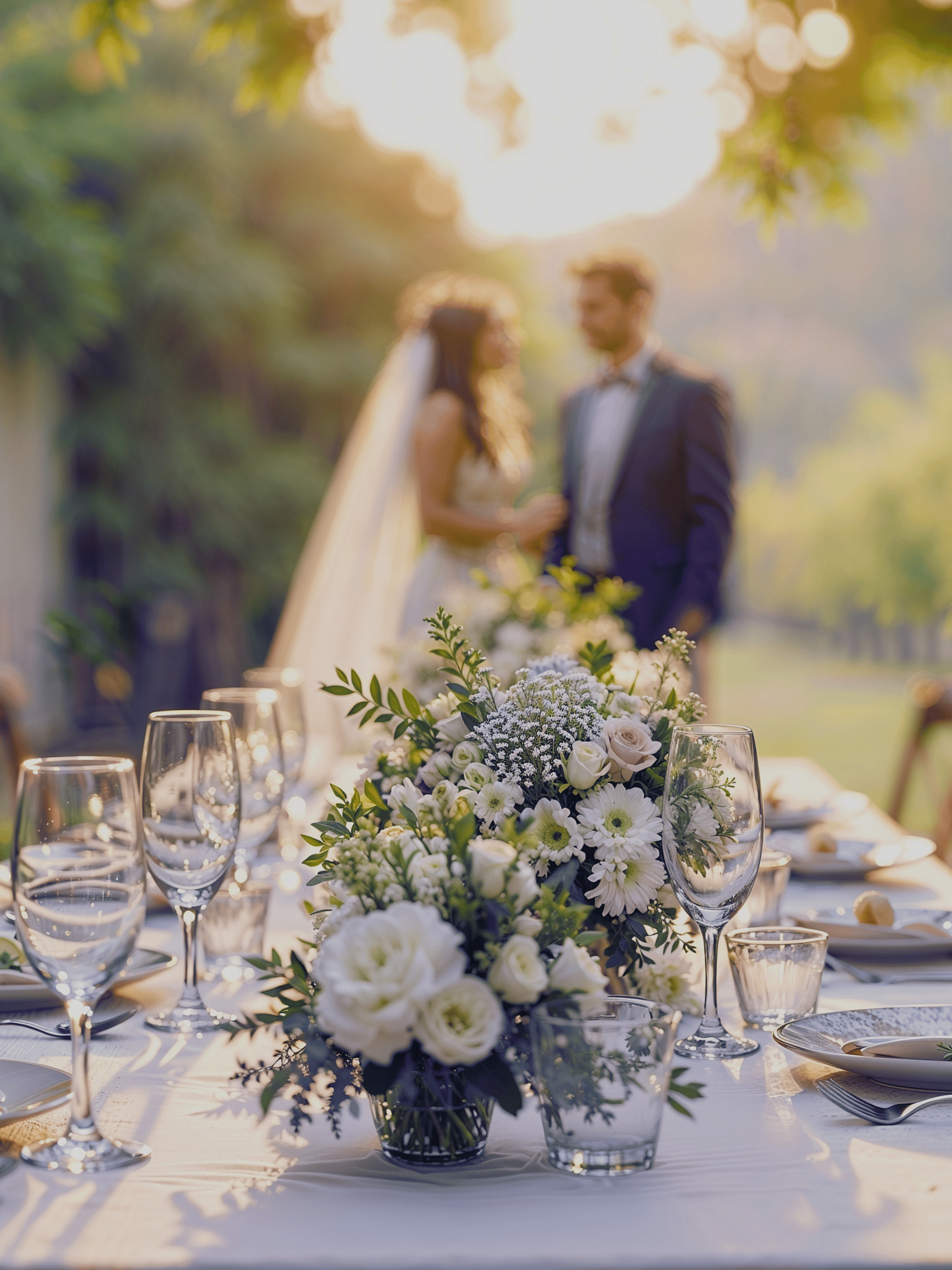 a table with flowers and glasses on it