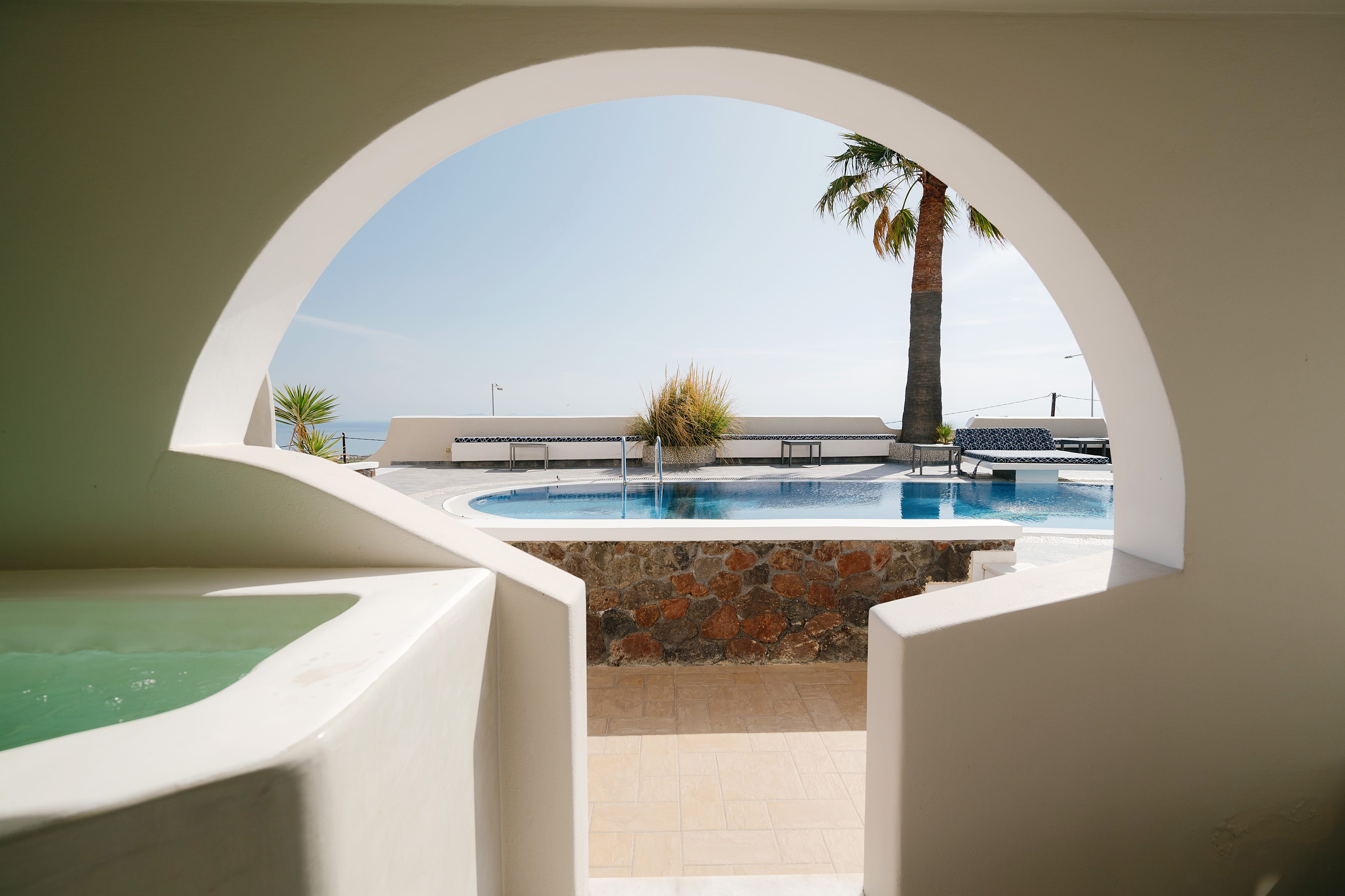 a pool with a large window