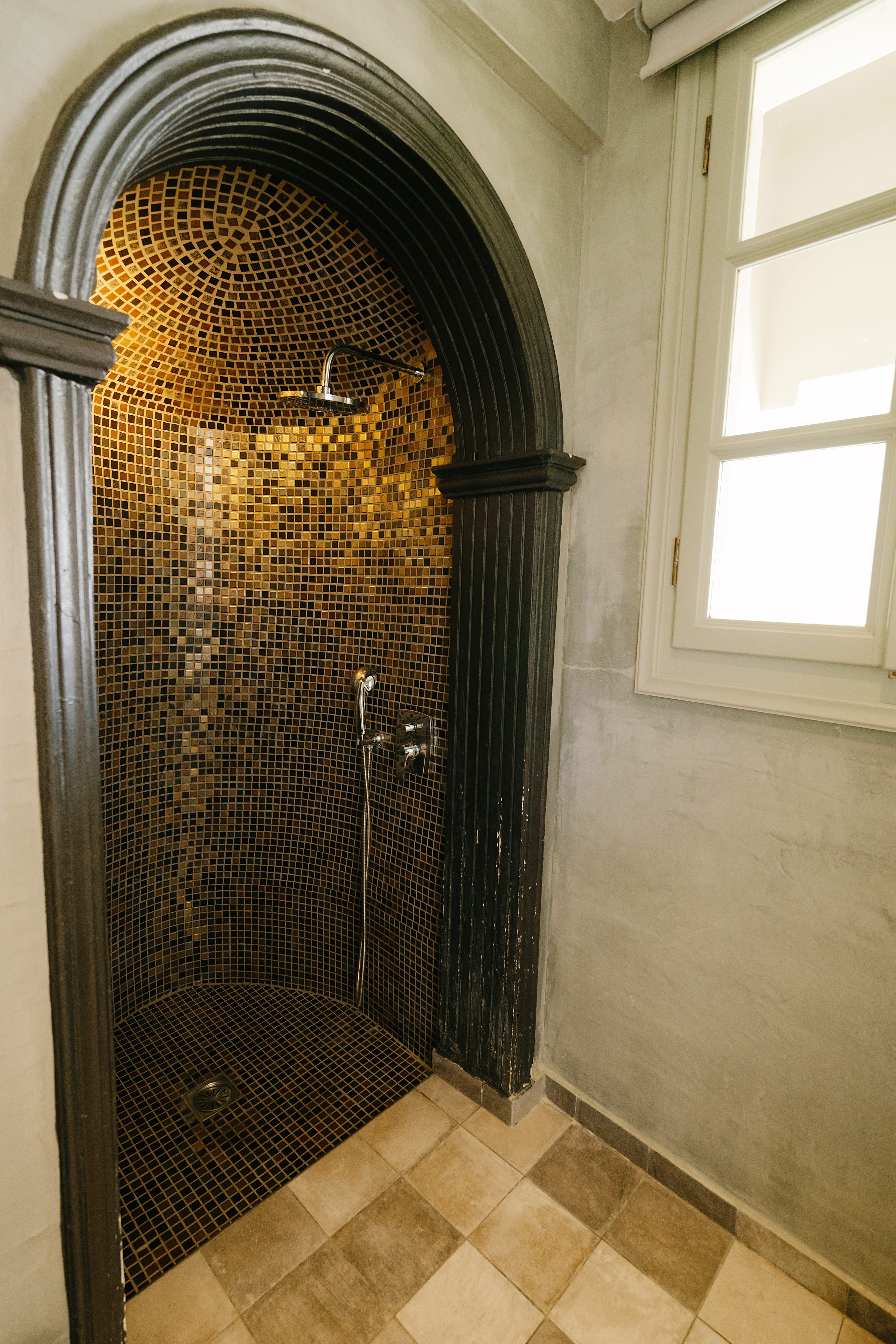 a shower with a glass door